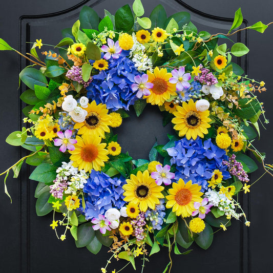 Pinkpuii Spring Wreaths for Front Door Outside- 24 Inch Spring Summer Wreath with Sunflowers,Lifelike Blue Hydrangea Flower Wreath for Indoor Outdoor Mantel,Window,Wall,Home Firplace Hanging Decor