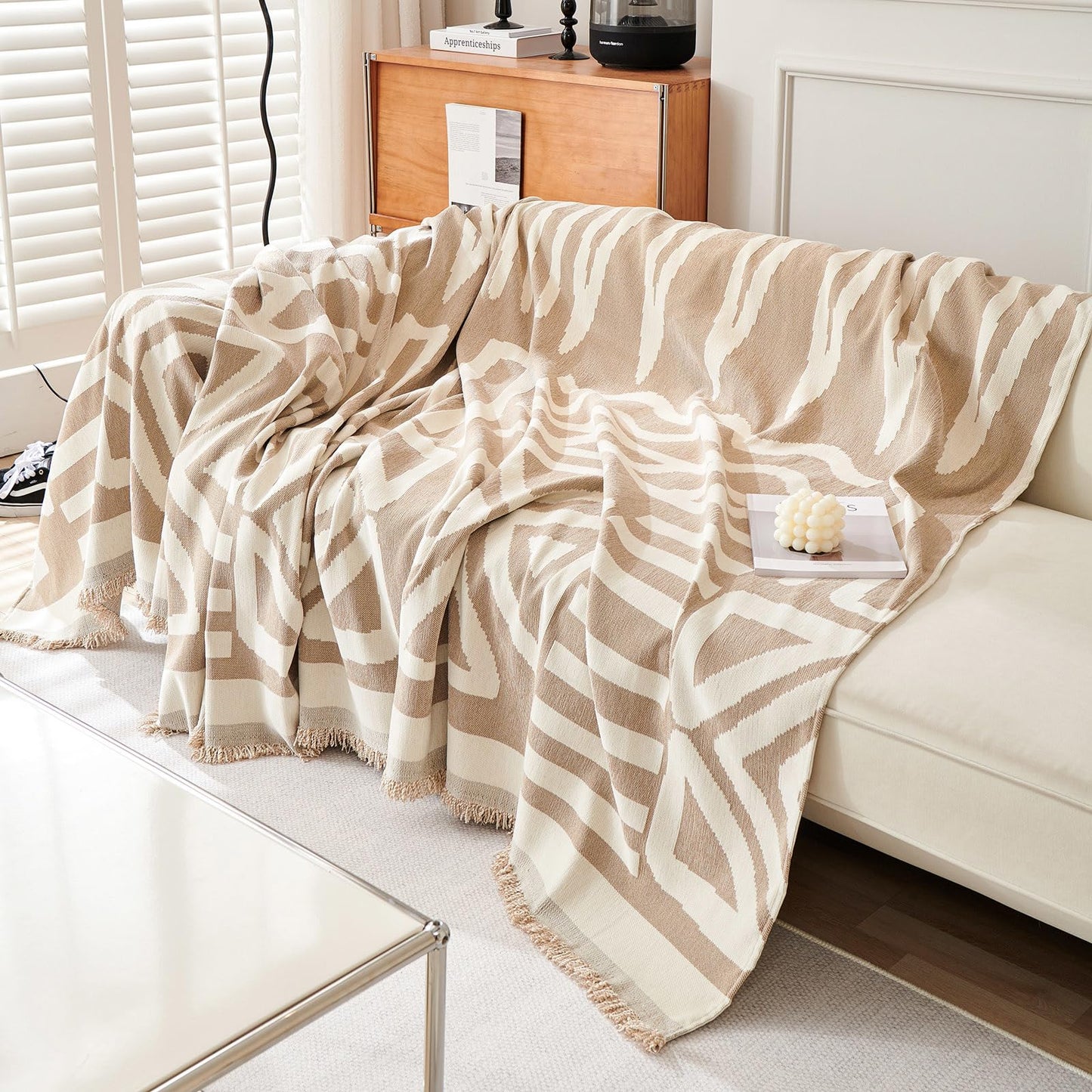 TOYROOM Chenille Sofa Cover Armchair Couch Cover Reversible Throw Sofa Slipcover with Khaki Geometry Pattern, Non Slip Boho Sofa Cover with Tassels Resistant for Dog Pet Washable, 71" x 71"