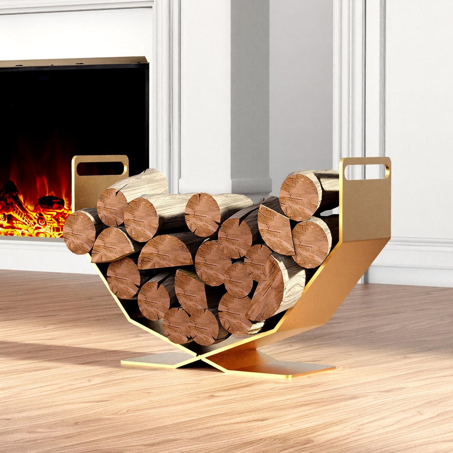 BRENNHOLZ Firewood Rack,17.72 Inches Decorative Heavy Duty Firewood Storage Rack Wood Holder for Outdoor Indoor (Gold)