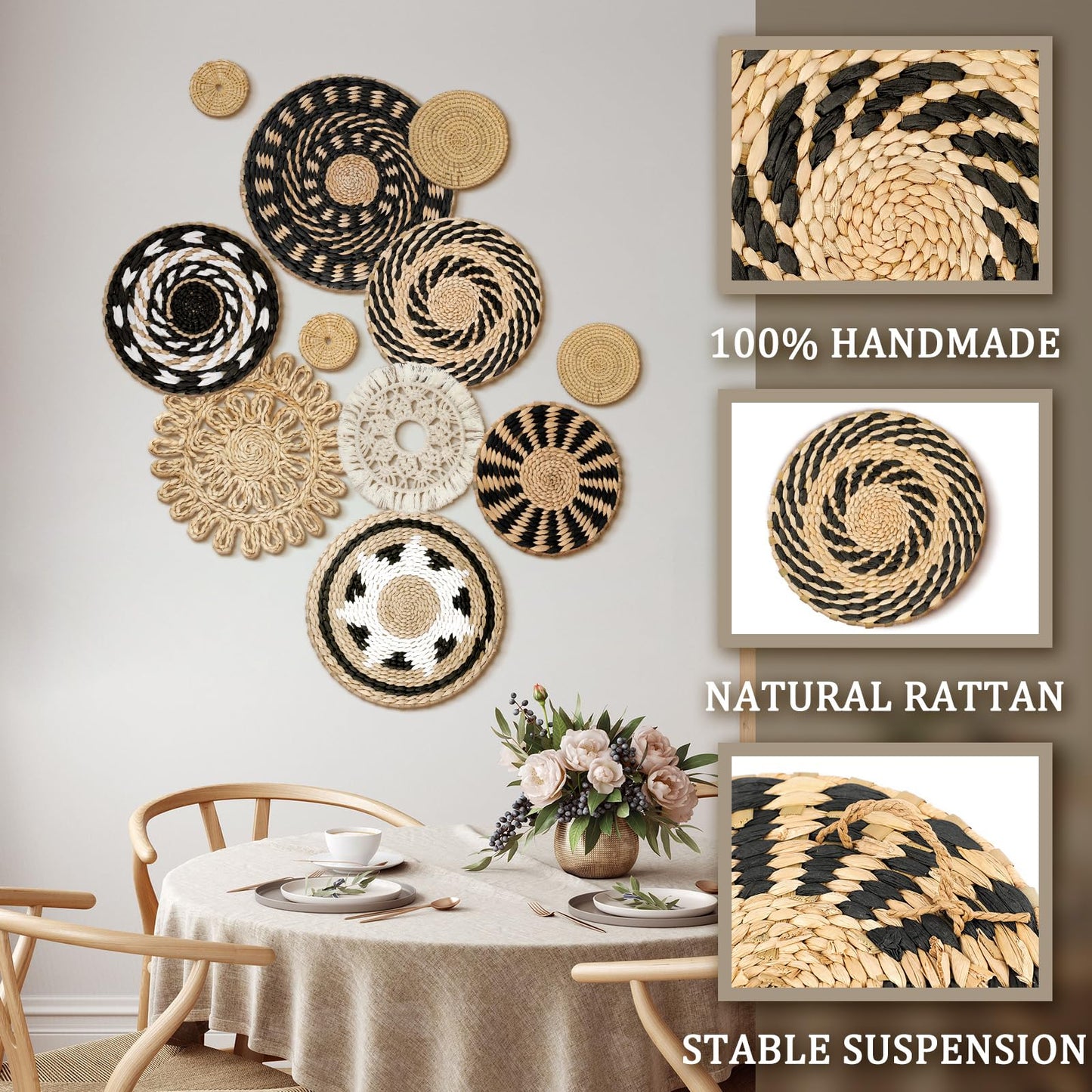 Tatuo 11 Pcs Boho Wall Basket Decor Bulrush Woven Wall Hanging Art Round Farmhouse Rustic Handmade Wicker for Summer Home, Bedroom, Living Room, Kitchen Decorations, Multi Sizes(Boho)