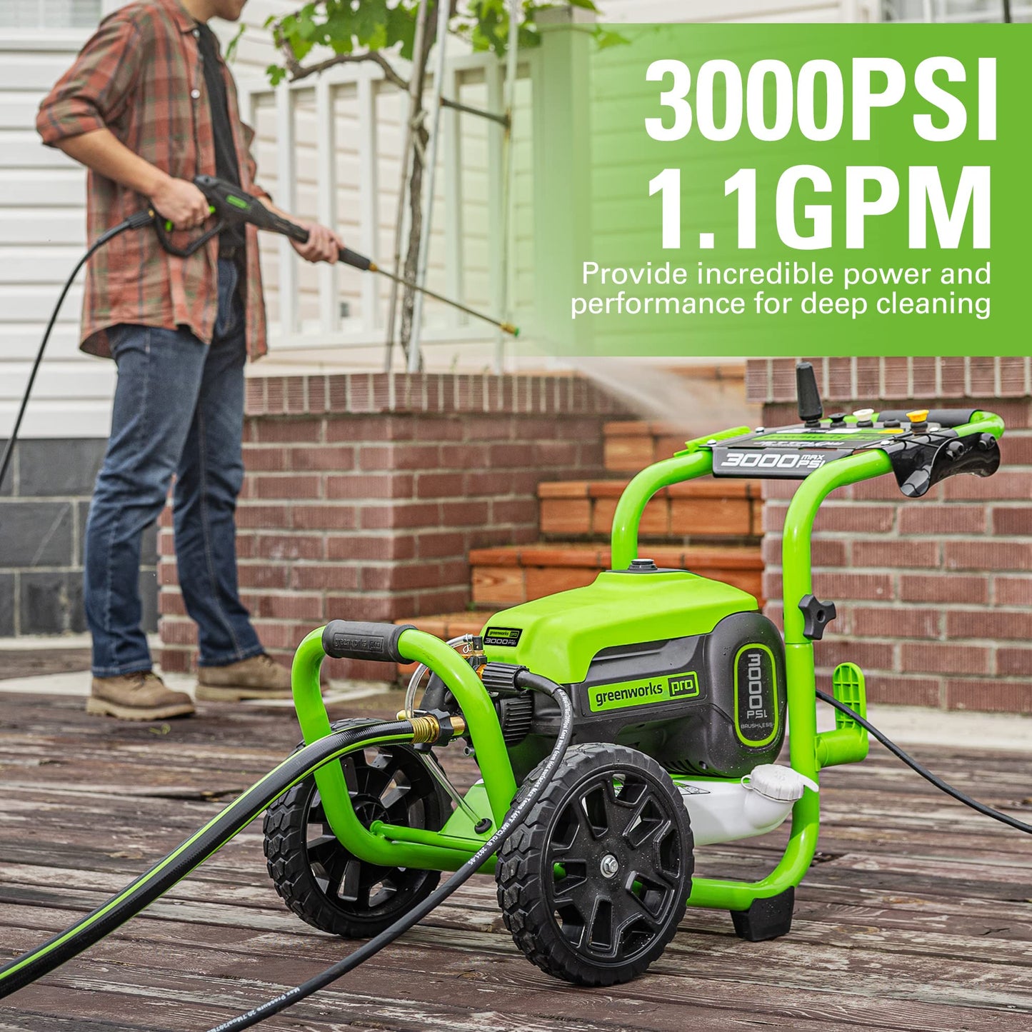 Greenworks Pro Brushless 3000 PSI (CSA Certified) 2.0 Max / 1.1 Electric Pressure Washer (Rugged Steel Frame, 25 Hose, 35 GFCI Power Cord)