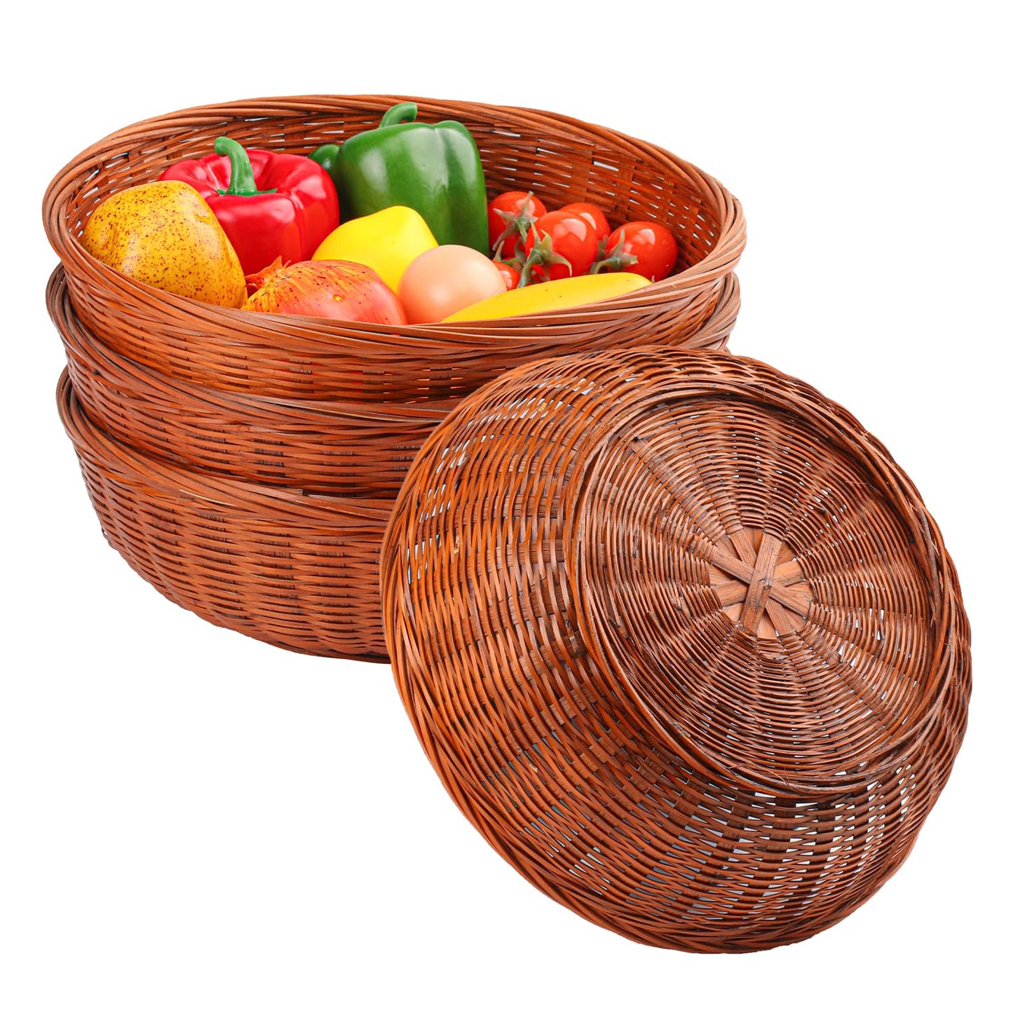 Geytetqi 4 Pack 10.7 Inch Round Hand Weave Bamboo Basket, Round Bamboo Wicker Baskets for Picnic, Wall Decorate and Rustic Party Decorate(10.7 inch