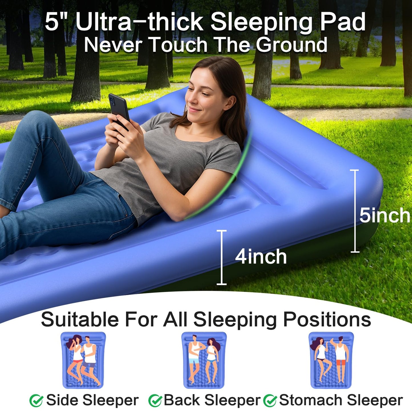 Wusrop Double Sleeping Pad for Camping, Extra Thick 5 Inch Self-Inflating 2 Person Camping Mattress,with Built-In Foot Pump, Insulated Inflatable Trampoline Mat for Backpacking, Hiking, Tents & Winter