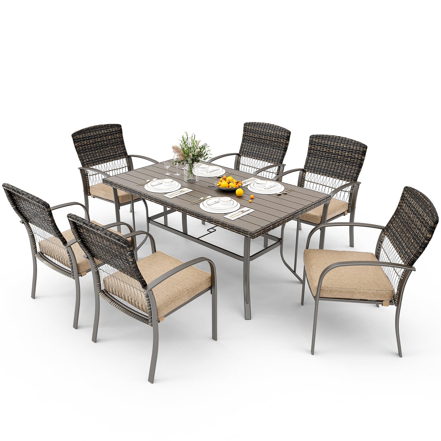 Pamapic 8504 Patio Dining 7 Piece, Outdoor Wicker Furniture Set for Backyard Garden Deck Poolside/Iron Slats Table Top, Removable Cushions, 7 Pack, Beige