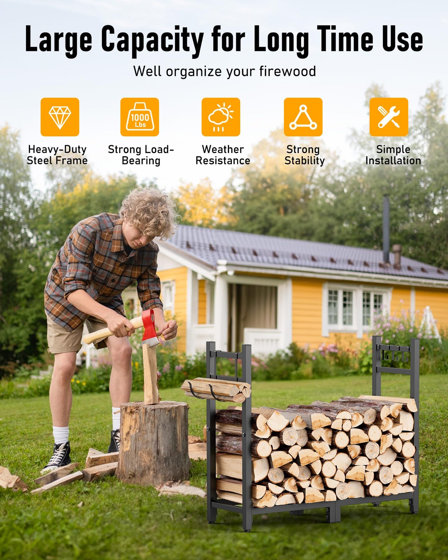 Brightown 34inch Firewood Rack Indoor with Log Carrier, Outdoor Wood Rack for Firewood,Fire Wood Storage with Kindling Hooks, Adjustable Pads, Heavy Duty Logs Holder for Fireplace Deck Outdoor, Black