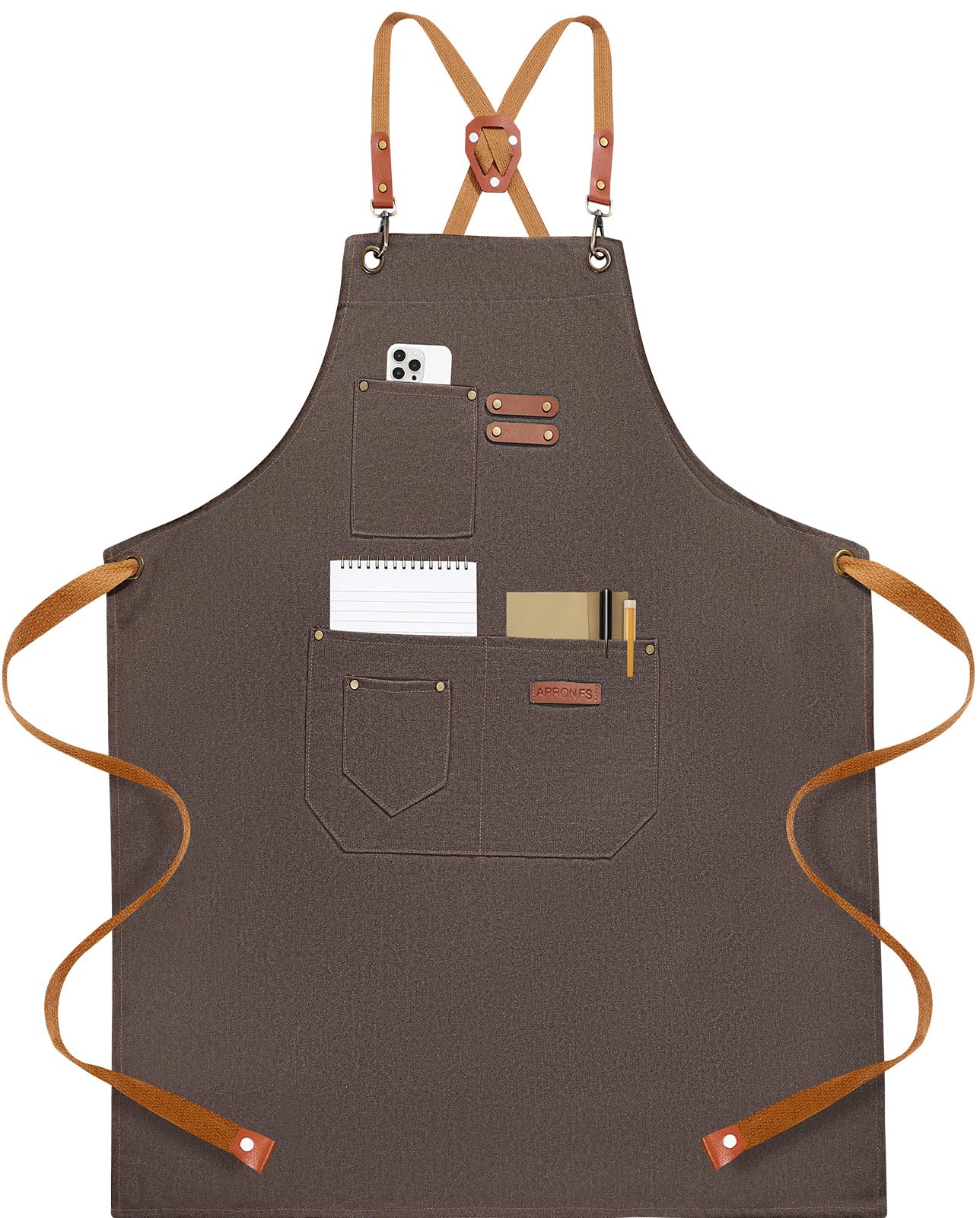 KACHUAN BEAR Chef Aprons for Men Women with 4 Large Pockets, Cotton Canvas Cross Back Adjustable Apron for Work grilling kitchen gardening (grey)