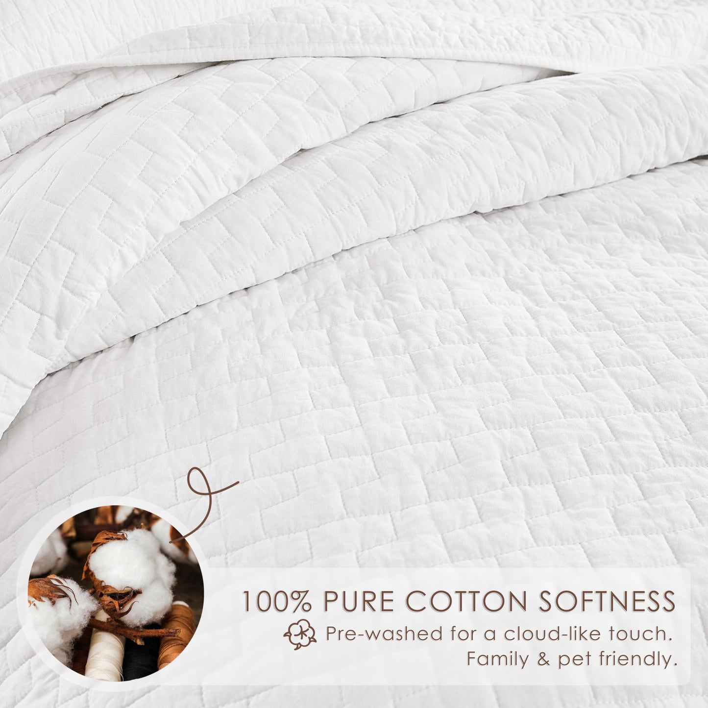 palassio White 100% Cotton Quilt Queen Size Bedding Sets with 2 Pillow Shams, Textured Lightweight Soft Bedspread Shabby Chic Coverlet, Quilted Comforter Bed Cover for All Season, 3 Pieces