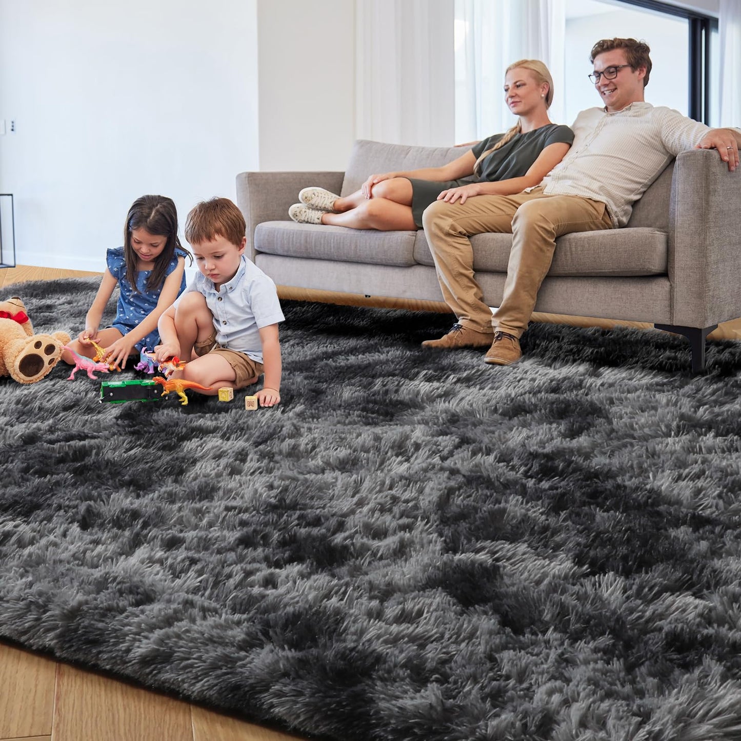 PAGISOFE Abstract Shaggy Area Rug 4' x 6' Plush Furry Rugs for Living Room, Tie-Dyed Dark Grey Soft Fluffy Rugs for Bedroom Grils Boys, Fuzzy Rug for Nursery, Dorm. Shag Carpet for Kids Room Decor