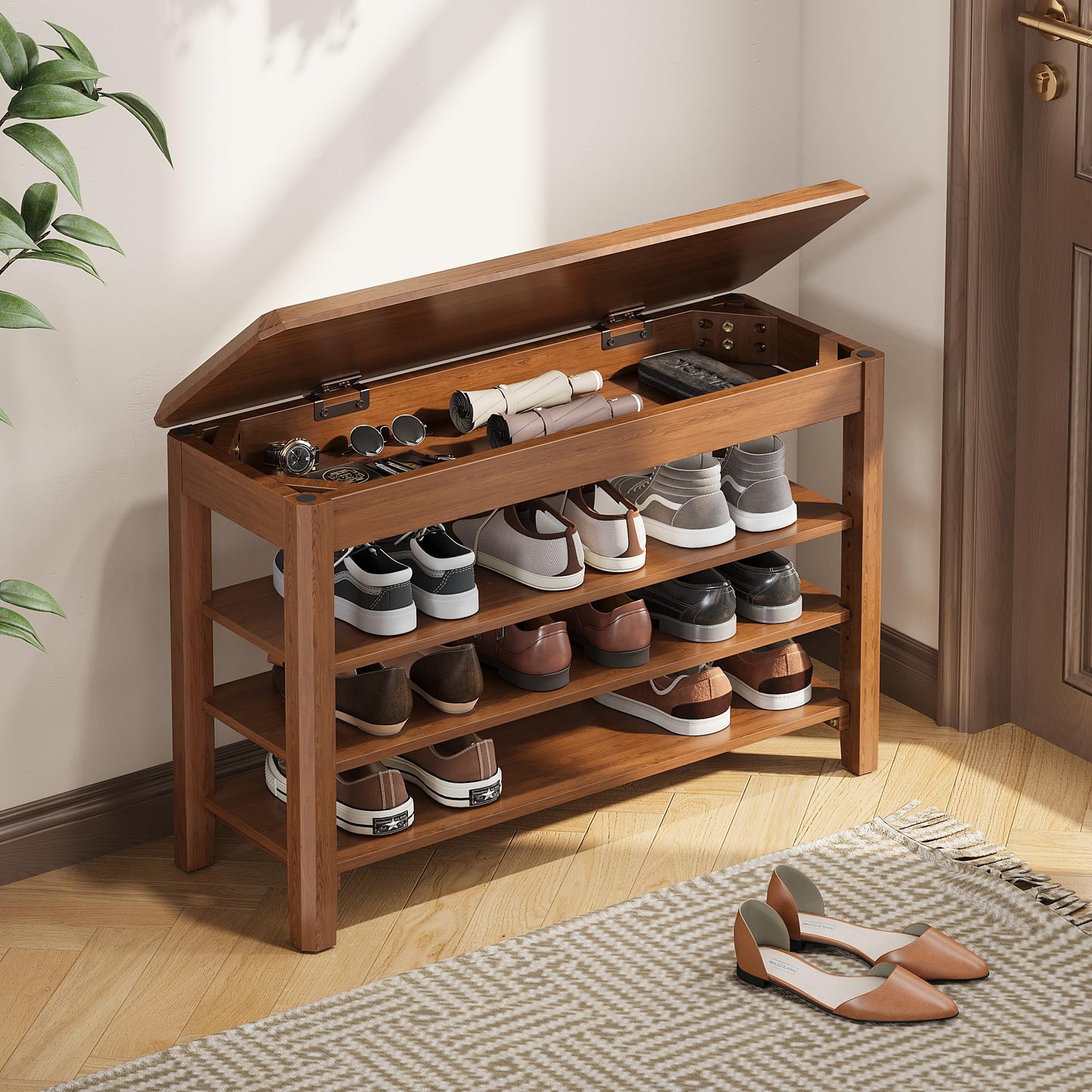 IUNVR Shoe Rack Bench Seat Rubberwood 3-Tier Wooden Storage Bench 550lbs Compact Mid-Century Modern Design for Entryway, Hallway, Closet, Front Door Entrance, Foyer