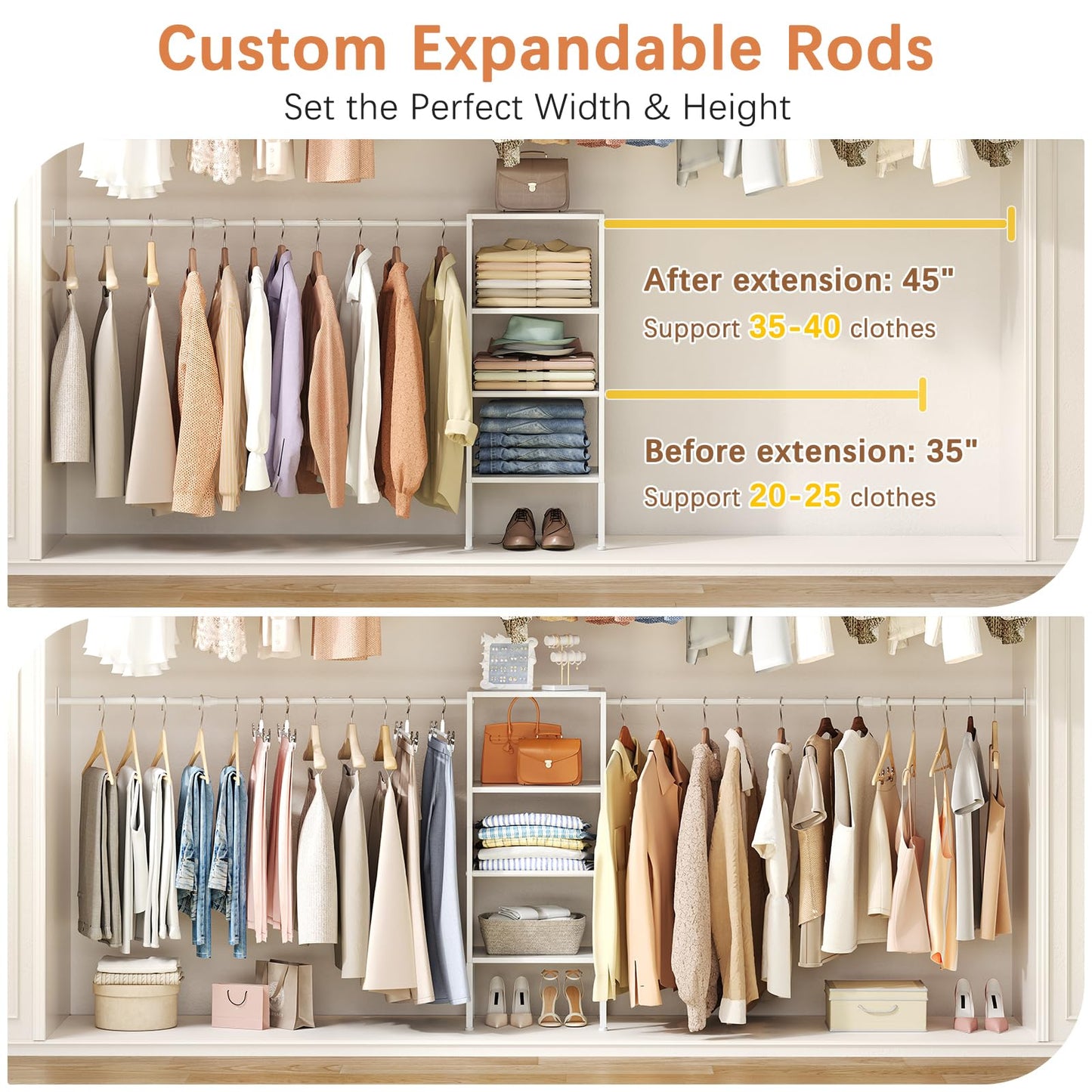 Small Closet System with Shelves, 5FT-8FT Closet Organizer System, Wooden Shelves for Closet with 2 Hanging Rods, Walk-in Closet Organizer, Adjustable Wardrobe Clothes Rack, Garment Rack, Pure White