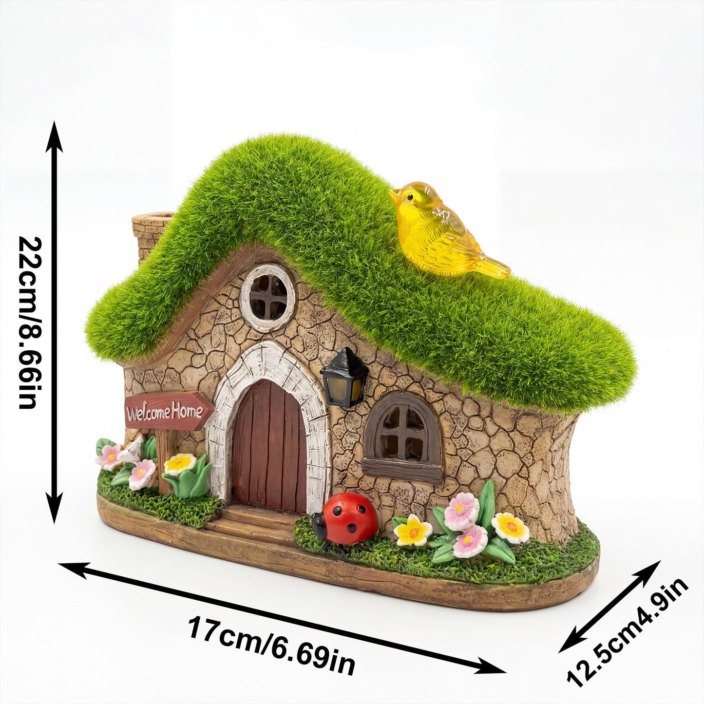 EKQ Resin Fairy House Statues with Solar Lights Outdoor for Garden Decor Funny Birds Ladybird Flocked Fairy House with Garden Figurine Patio Yard Lawn Decorations Gift for Mom Women (Green)