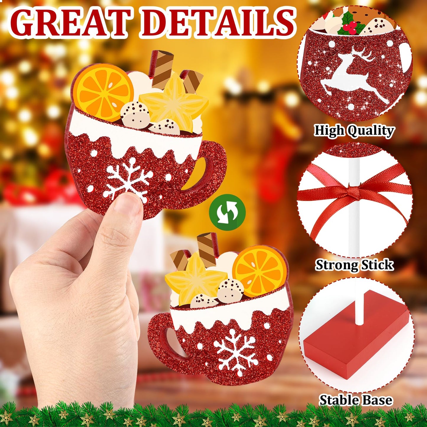 3 Pieces Christmas Table Decorations Wooden Coffee Cup Set, Red and Green Christmas Tiered Tray Decor for Home Office Kitchen Tables (Coffee Cup)