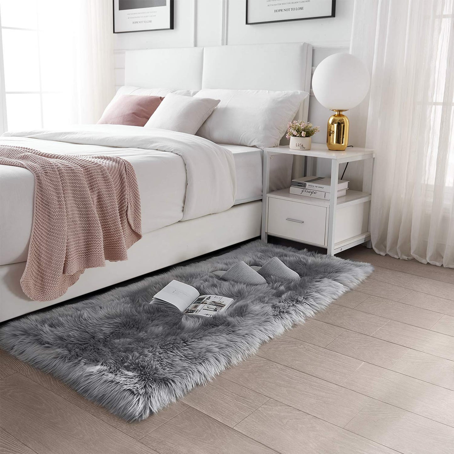 SERISSA Soft Fluffy Rug Grey Faux Sheepskin Fur Rug Shaggy Area Rug for Bedroom Floor Living Room 3x5 Feet