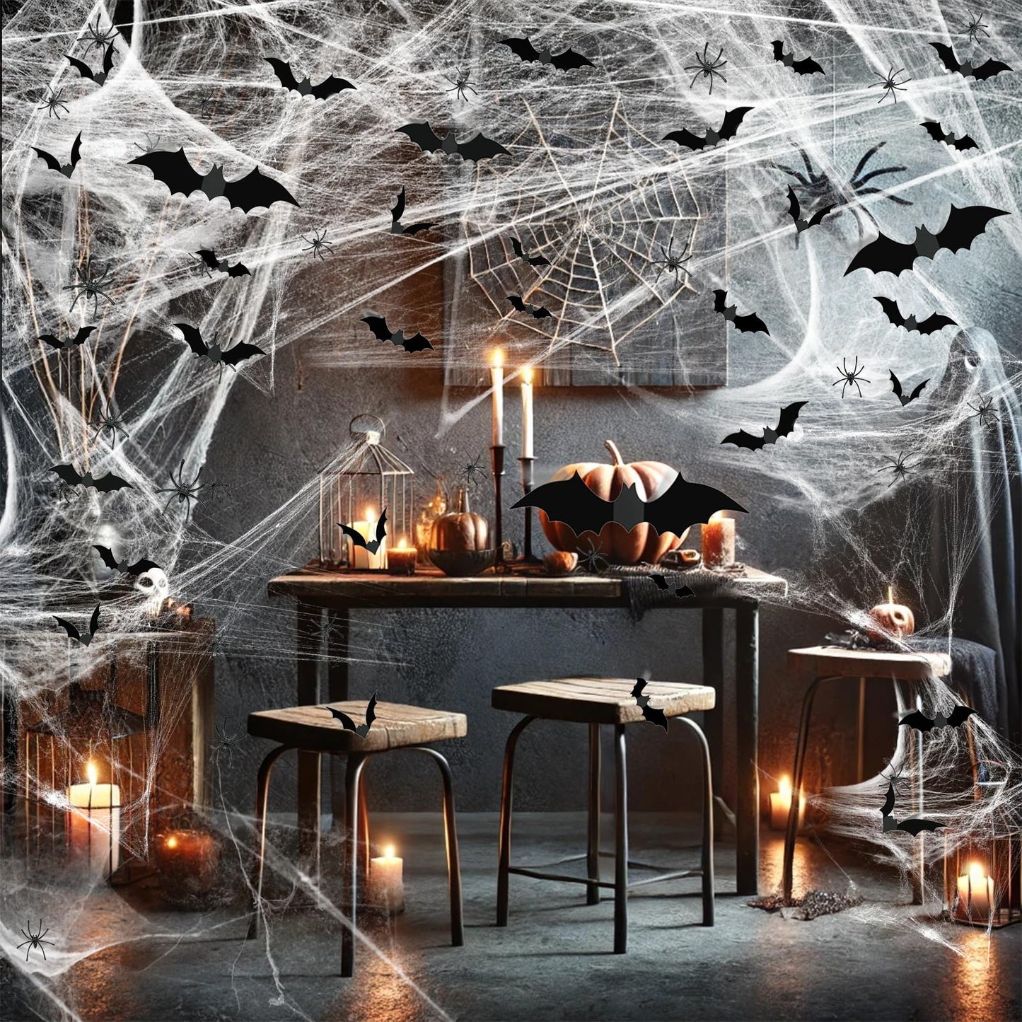 Famoby 1200 sqft Halloween Spider Webs and 120pcs Fake Bats and 50pcs Fake Spiders Super Stretch Cobwebs Party Decorate for Halloween Theme Indoor and Outdoor Decoration