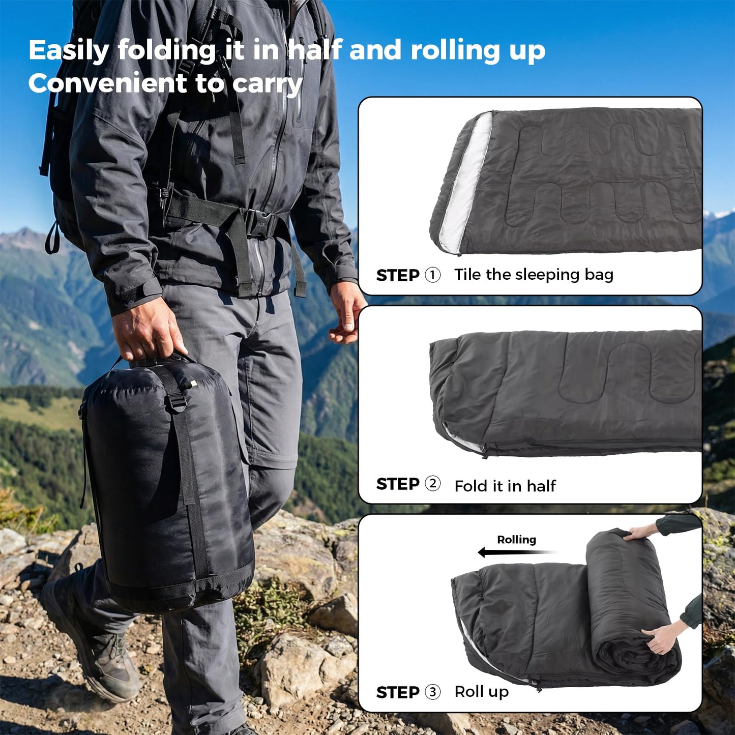 OLIXIS Double Sleeping Bag for Adults with Pillow, Lightweight Portable Large Sleeping Bag for 2 Person, Cold Weather & Warm Sleep Bag for 3 Seasons Backpacking, Camping, Hiking, Outdoor Adventure
