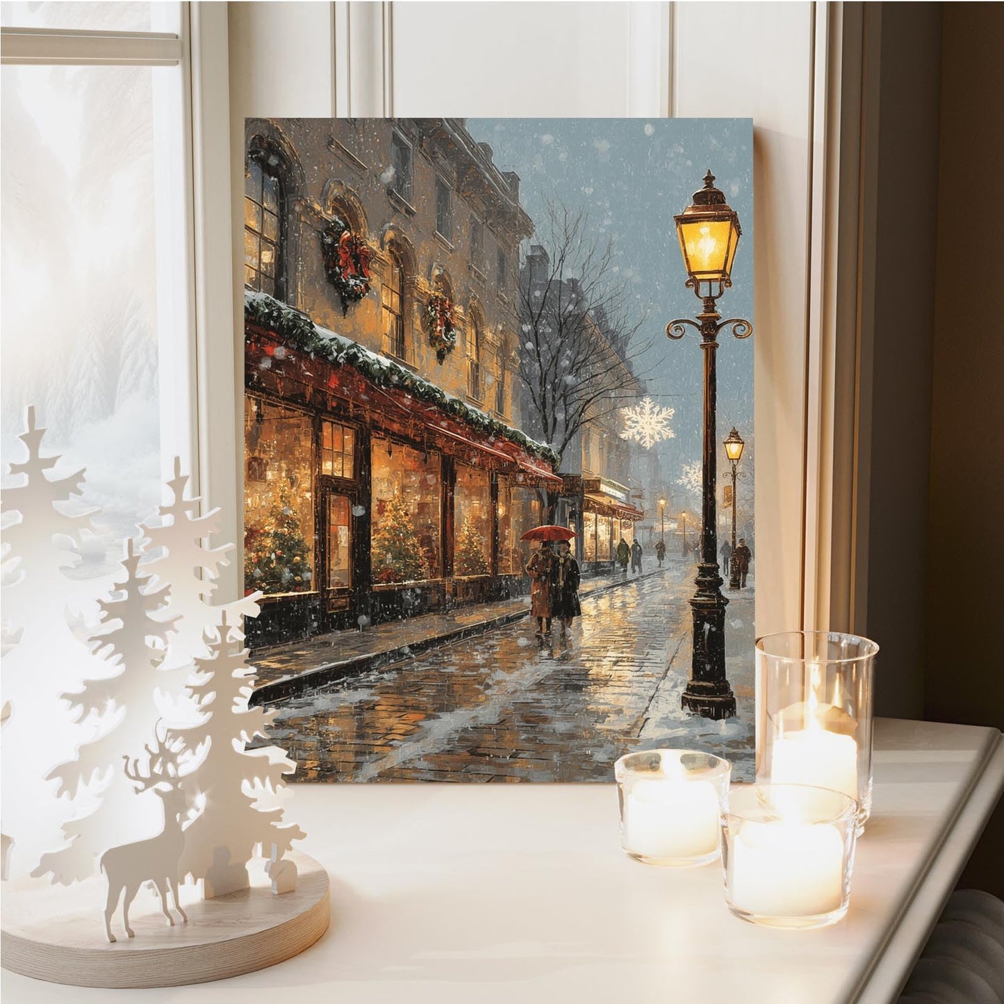 vjfkskuey Romantic winter Christmasn Christmas street scene wall art snow scene holiday joint night print poster travel festive decor art