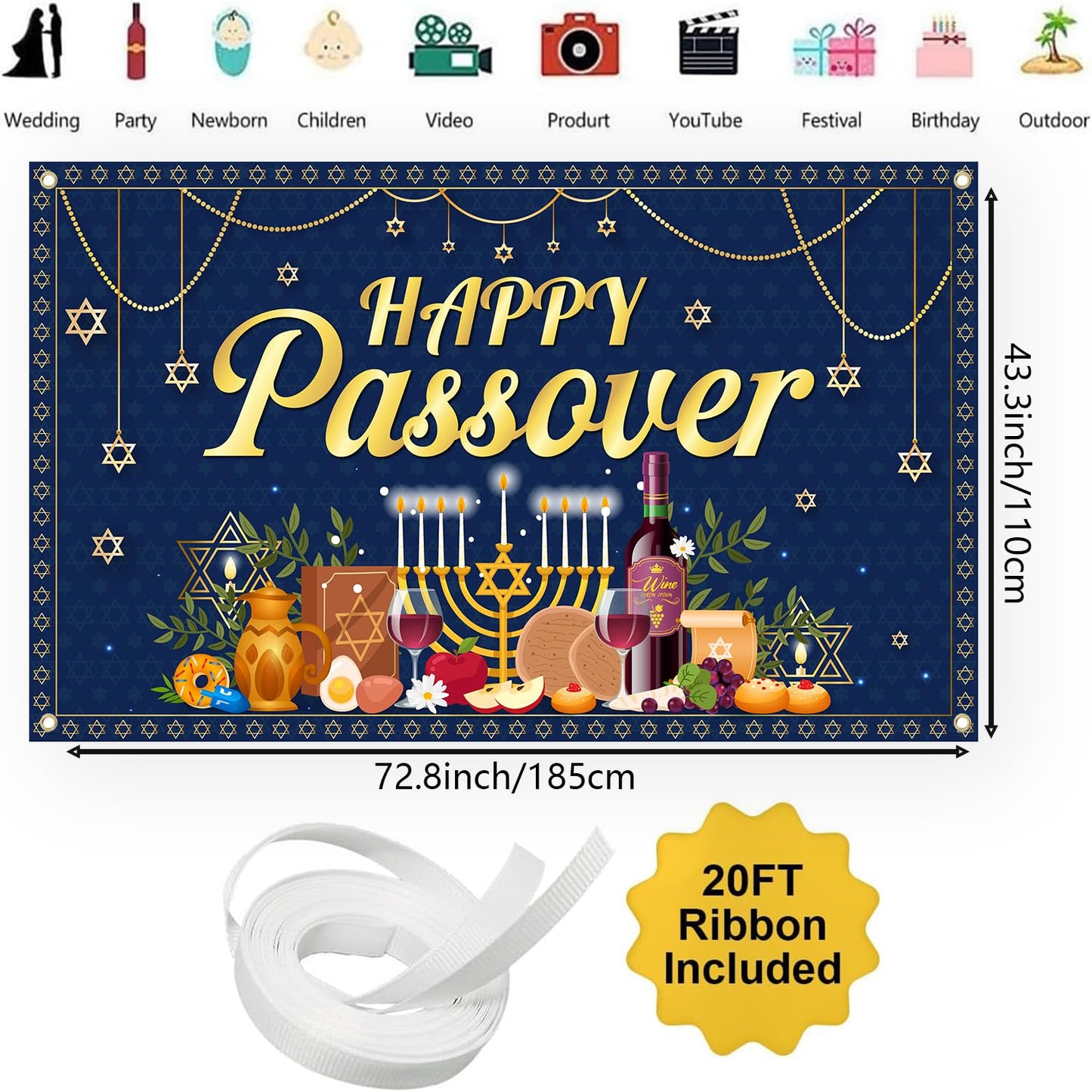 Happy Passover Banner Backdrop - 72'' x 43'' Passover Banner Decoration, Hanging Jewish Pesach Background Decor for Wedding Festive Welcome Banner Passover Party Supplies