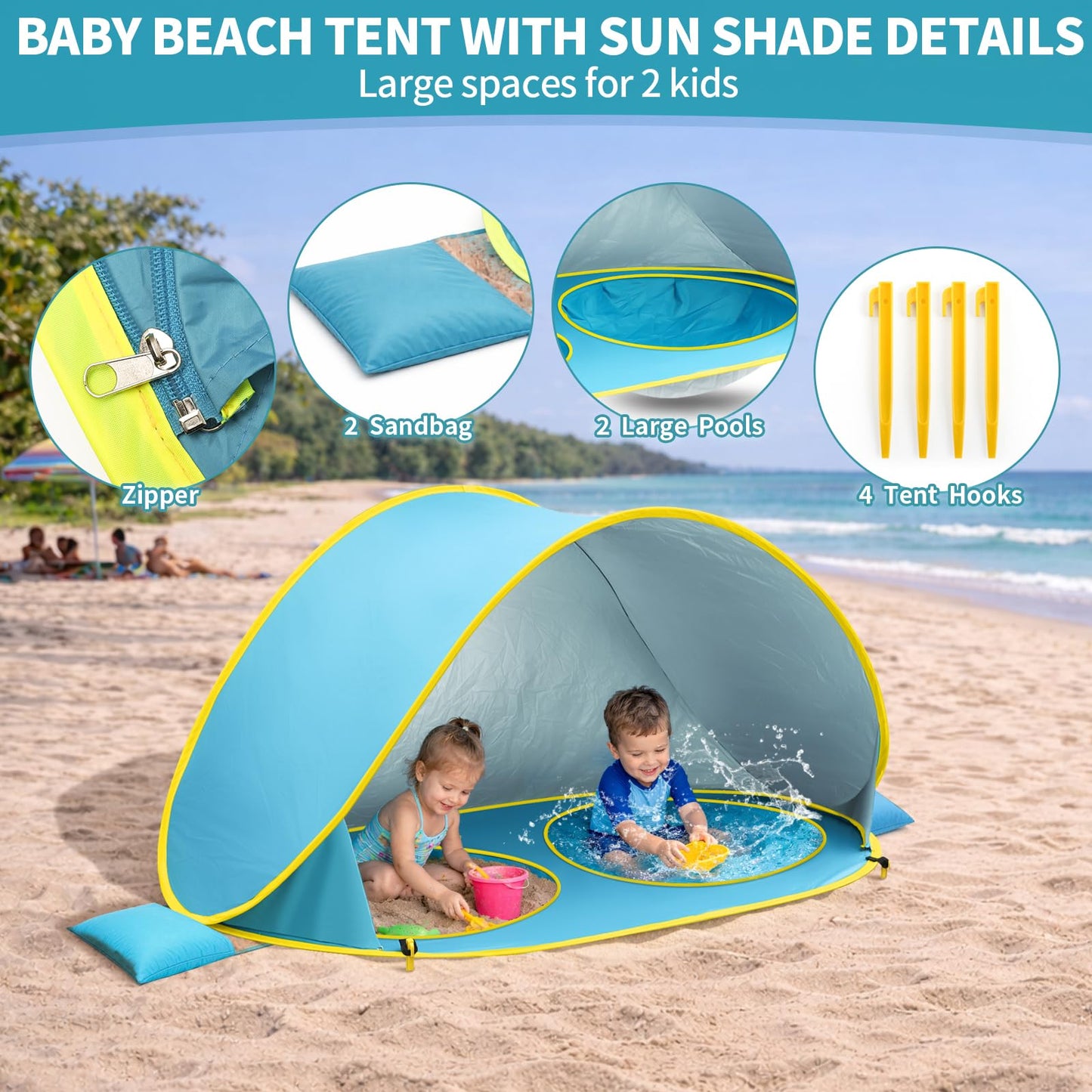 QTREE intelligence 2-IN-1 Baby Beach Tent with 2 Pool for 2 kids,74.8*41.7*35.4 inch UV Protection Sun Shelter Pop Up Play Canopy, Easy setup portable tent for Beach,Camping,Picnic,Poolside,Indoor