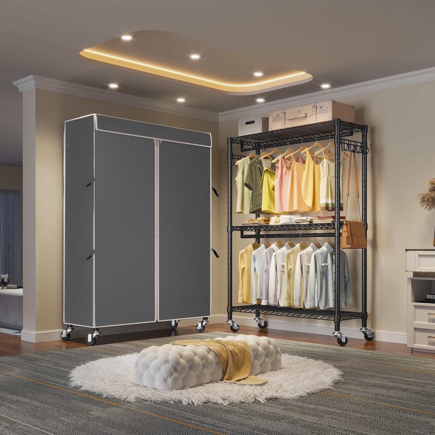 VIPEK R2C Plus Heavy Duty Rolling Garment Rack with Cover Clothing Racks for Hanging Clothes Portable Closets with Adjustable 3 Wire Shelves, Double Rods, Black Rack with Grey Upgraded Polyester Cover