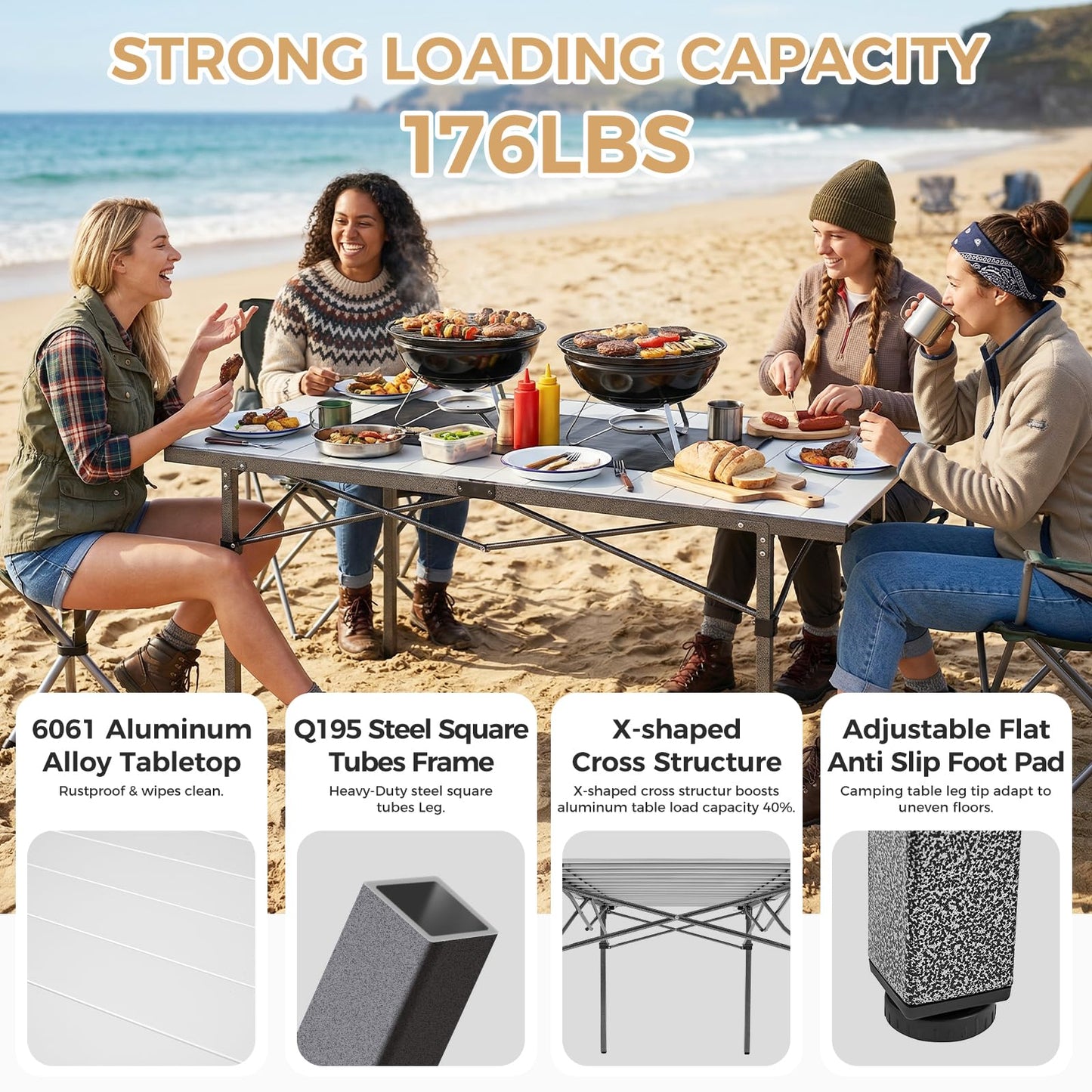 KingCamp Aluminum Camping Table Foldable, Large 53.5" Roll Up Camp Table Folding Seamless Tabletop Heavy Duty Duck Hunting Camping Tables Metal Portable Outdoor Collapsible for RV BBQ Picnic Hunting