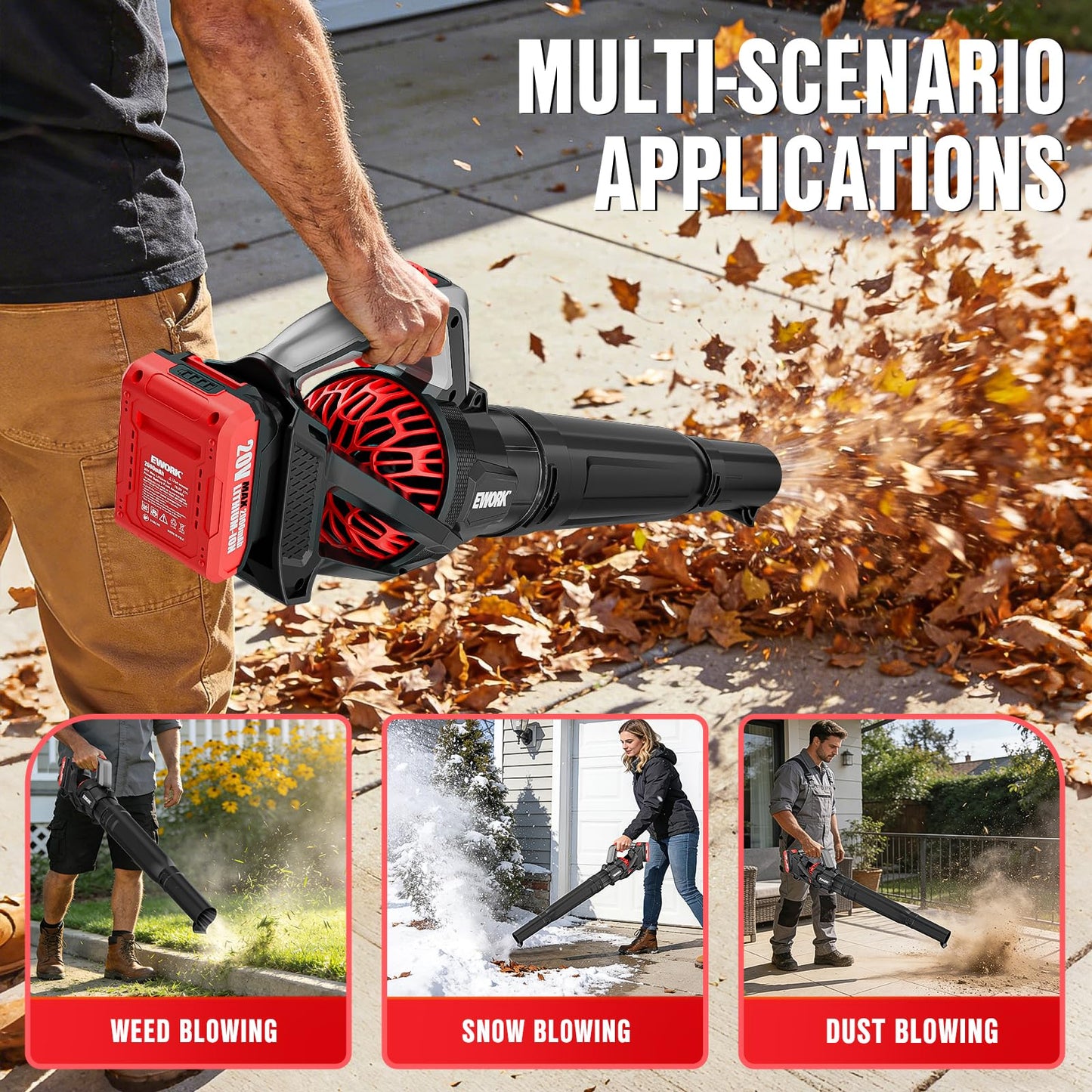 EWORK Cordless Leaf Blower 20V, 550 CFM 3-Speed Electric Handheld Blower, 2 Pack 2.0Ah Batteries & Charger Included for Lawn, Patio, Garden & Sidewalk Cleaning
