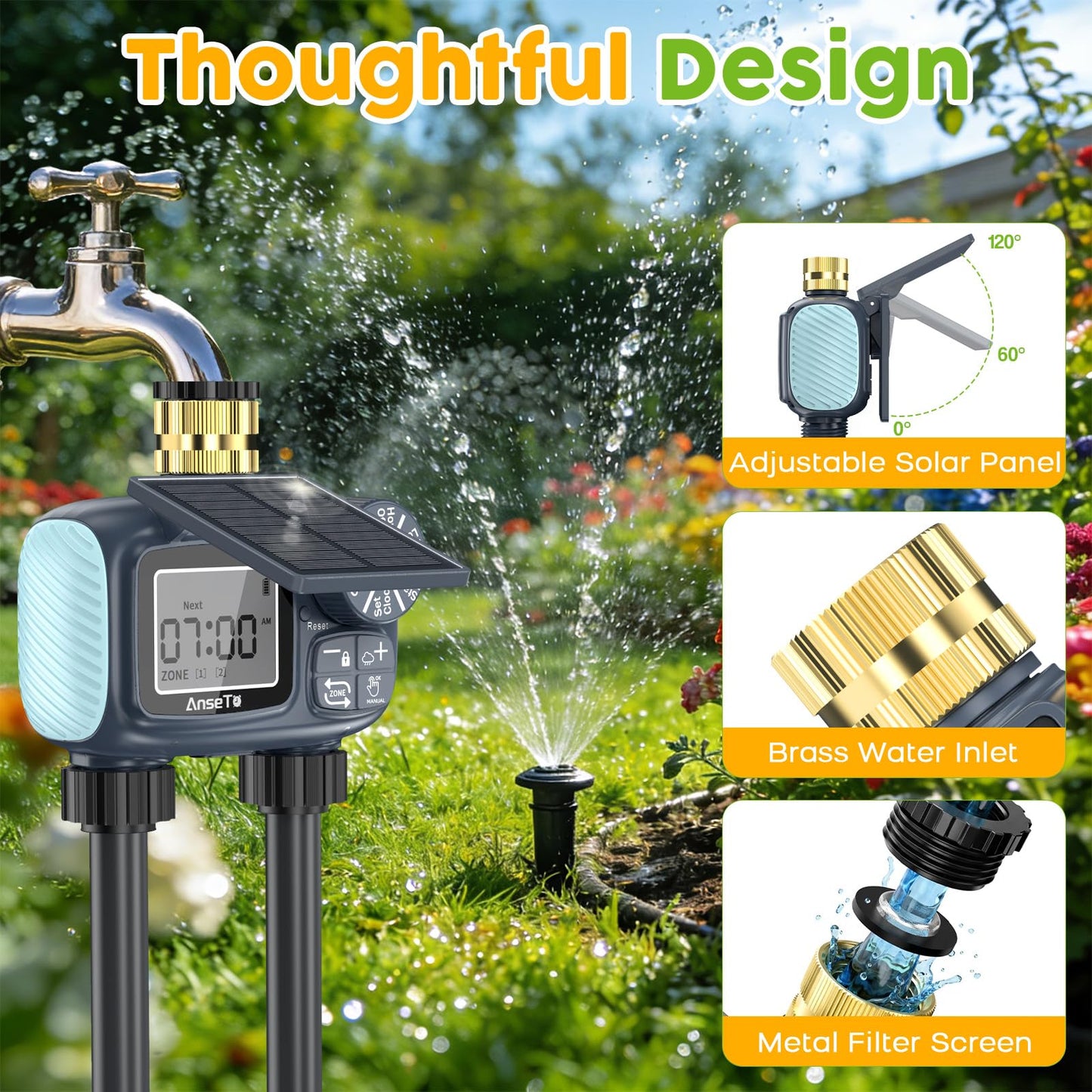 AnseTo Solar Sprinkler Timer,Brass Inlet Hose Timer for Garden Hose,Programmable Water Timers,Plant Watering Devices,Garden Watering System, Rain Delay/Manual/Automatic Irrigation System, 2 Outlet