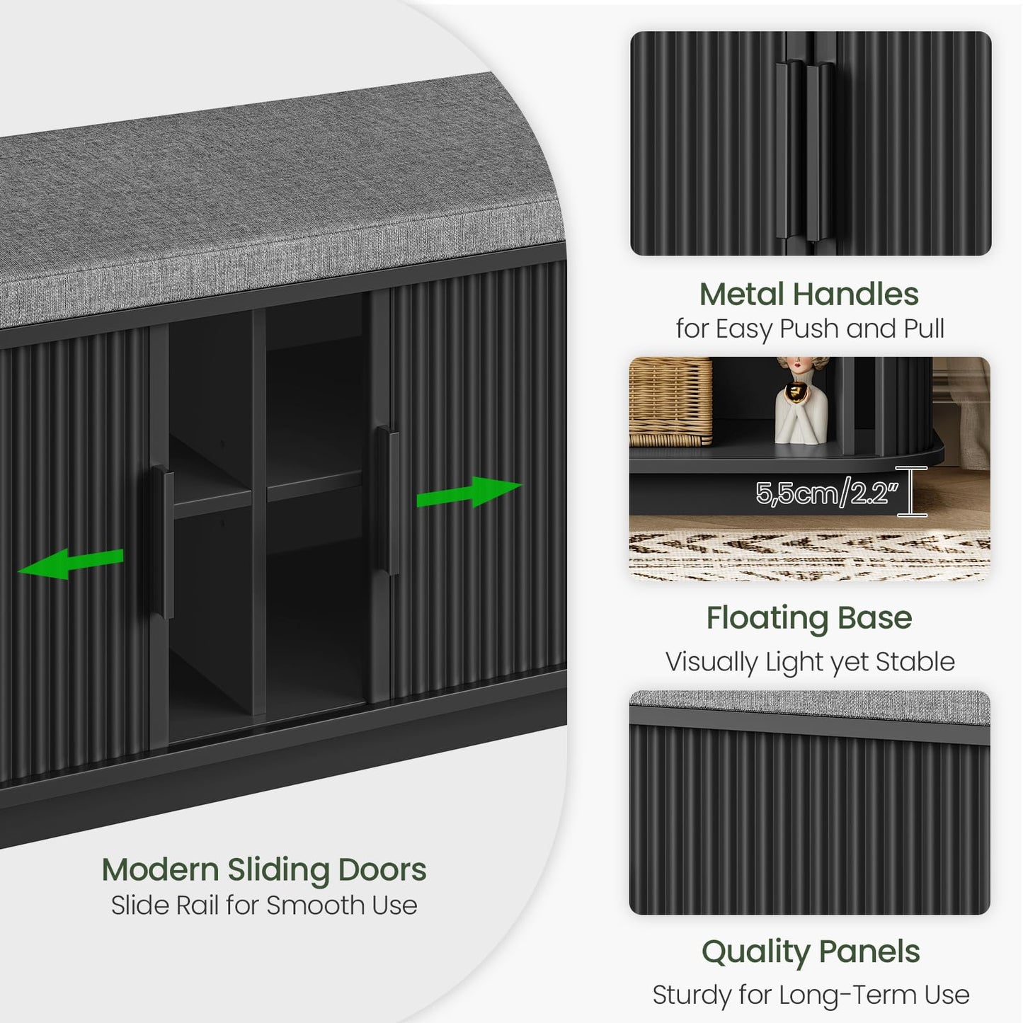CHOEZON Shoe Storage Bench, Entryway Bench with Storage, Shoe Bench with Cushion and Sliding Door, Fluted Storage Bench, Entry Bench for Entryway, Hallway, Living Room, Bedroom, Black and Gray MHX02BB
