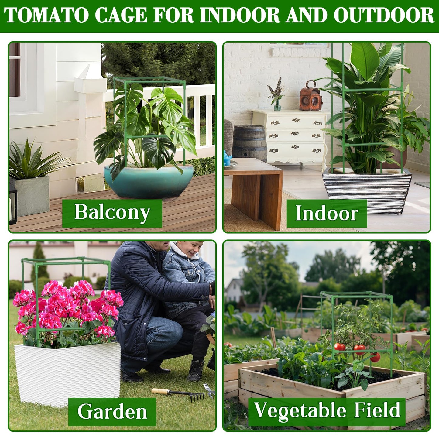 ZeeDix 2 Pack Heavy Duty Tomato Cages for Garden 60 Inches, Square Adjustable Tomato Trellis Cage Climbing Plant Support Trellis Plant Cages for Climbing Vegetables Flowers with 20Pcs Clips