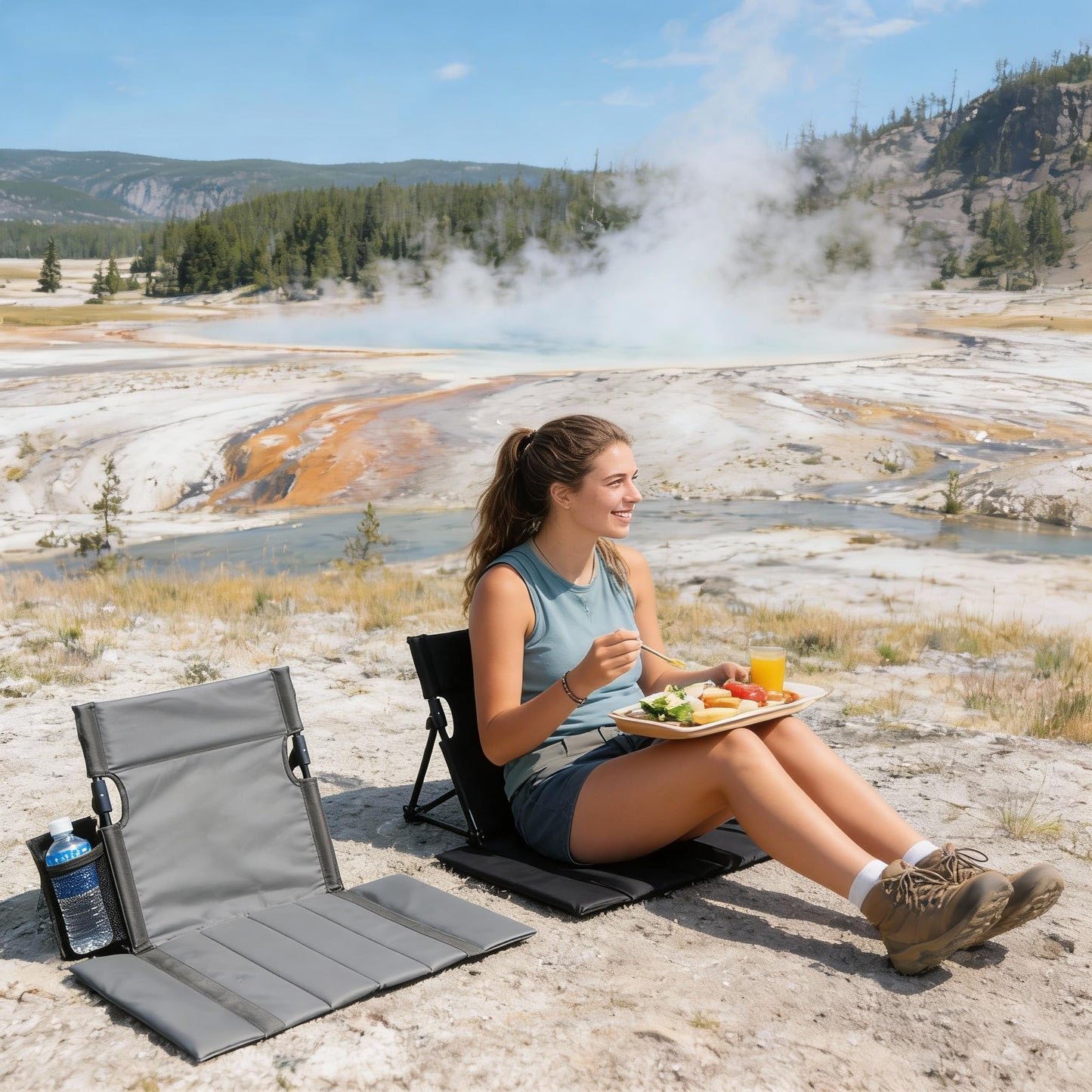Extra large folding camping backrest with cup holder,Lightweight portable outdoor large chair for beach, park, lawn, and travel,Aluminum frame, comfortable & durable lazy backrest (Carbon Black)