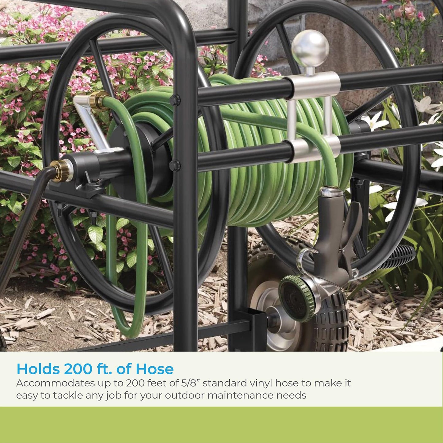 Suncast 200' Pro Hose Reel Cart with Flat-Free Rubber Tires, Outdoor Weather-Resistant Steel Garden Hose Reel Cart, 200' of 5/8" Hose Capacity, Made in the USA