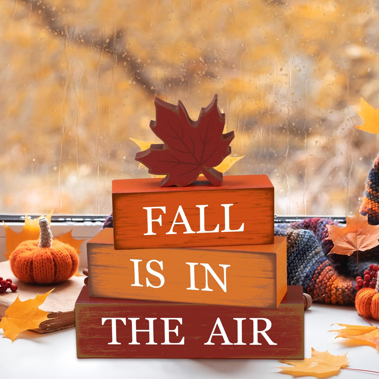 4 PCS Fall Maple Leaf Wooden Table Block Sign Thanksgiving Wood Tiered Tray Decor Fall is in the Air Block Centerpiece Rustic Farmhouse Table Decorations for Autumn Thanksgiving Home Desk Shelf Decor