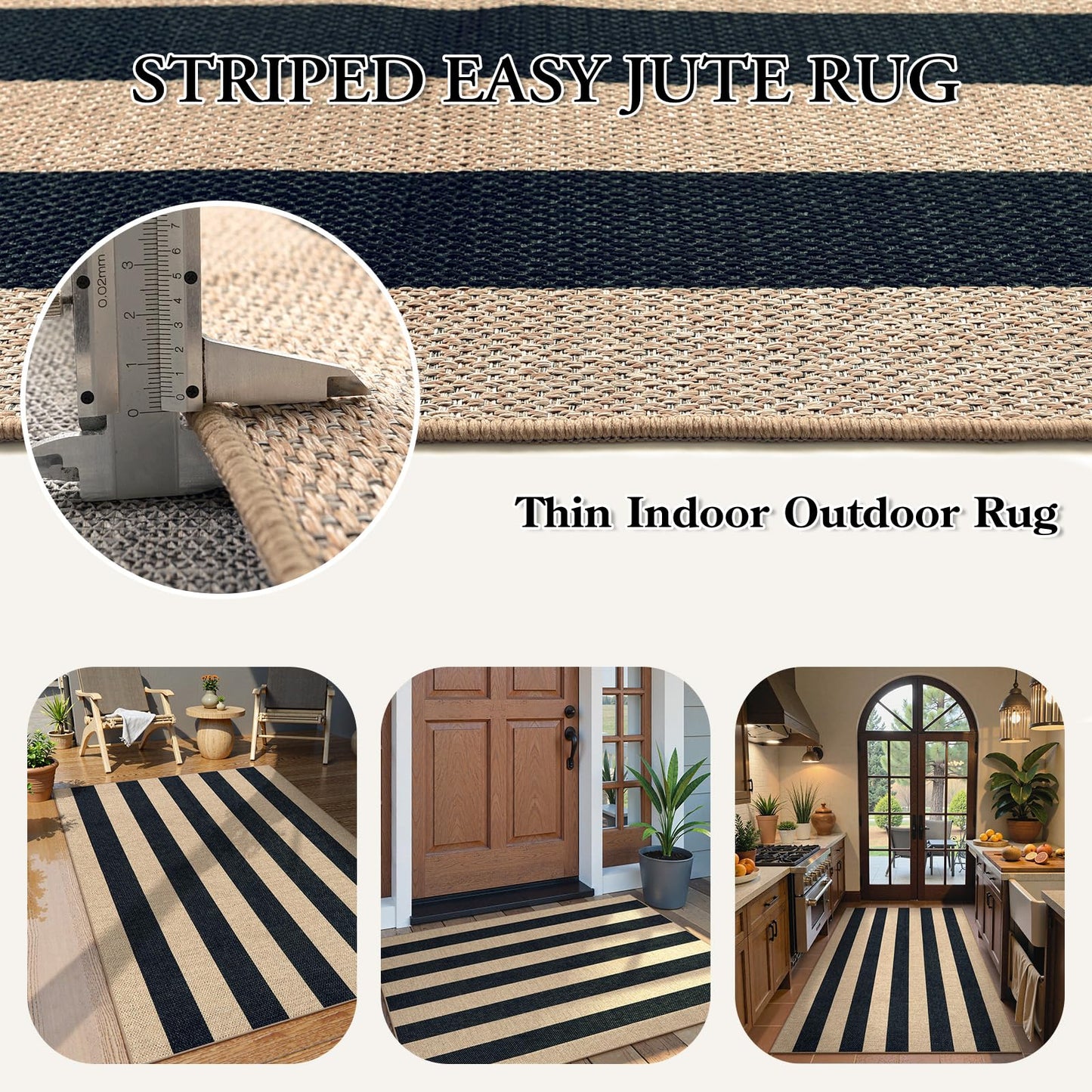 Lahome Striped Easy Jute Outdoor Patio Rug, 3x5 Washable Rugs for Entryway Porch, Farmhouse Neutral Non Shedding Indoor Outdoor Carpet for Entry Kitchen Guestroom Deck Foyer