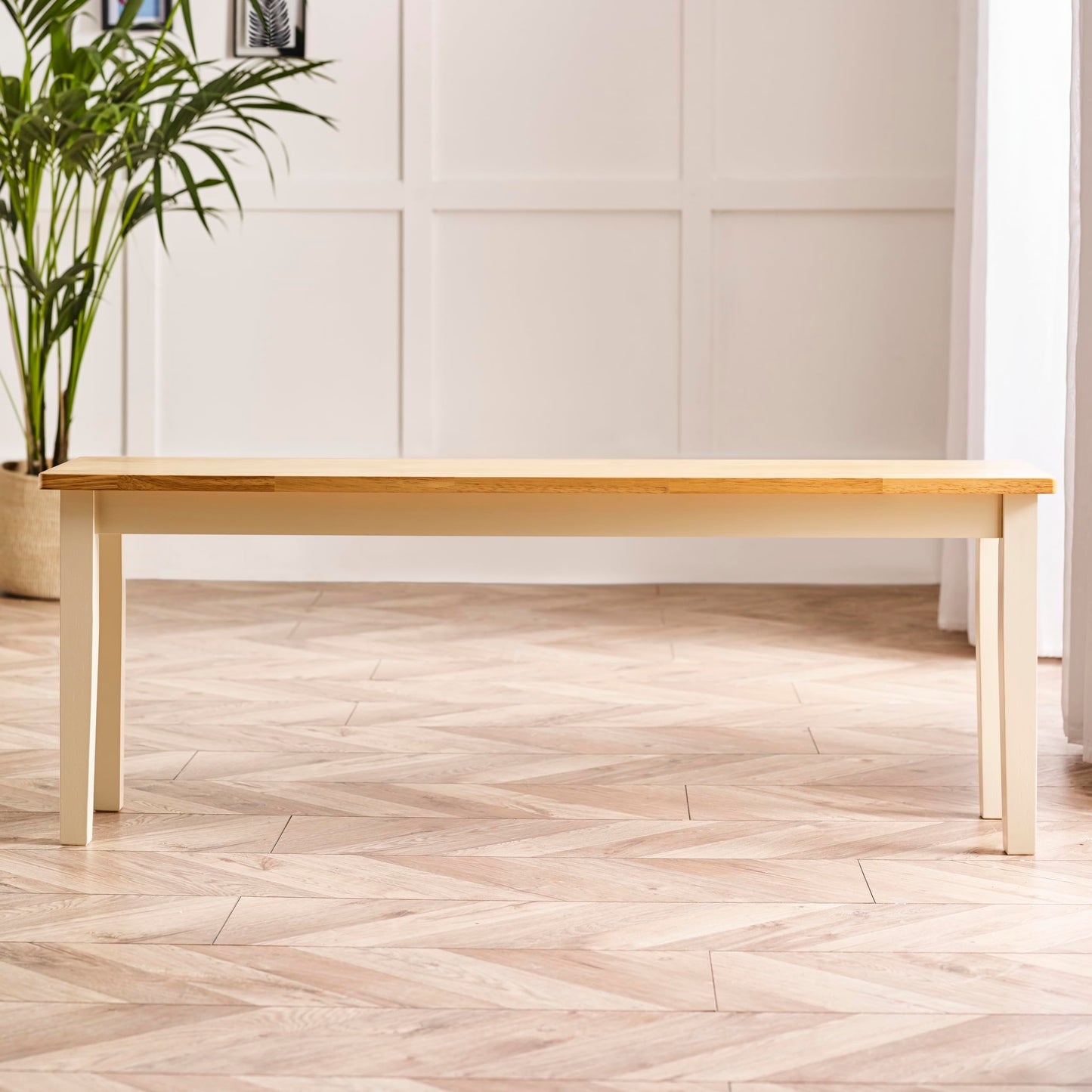 Furniturebox UK Large Wood Dining Bench - Tenby Cream Wood Indoor Bench Stool - Dining Kitchen Bedroom - Pale Oak Stain Seat Cream Legs Take on Traditional Farmhouse Dining Furniture