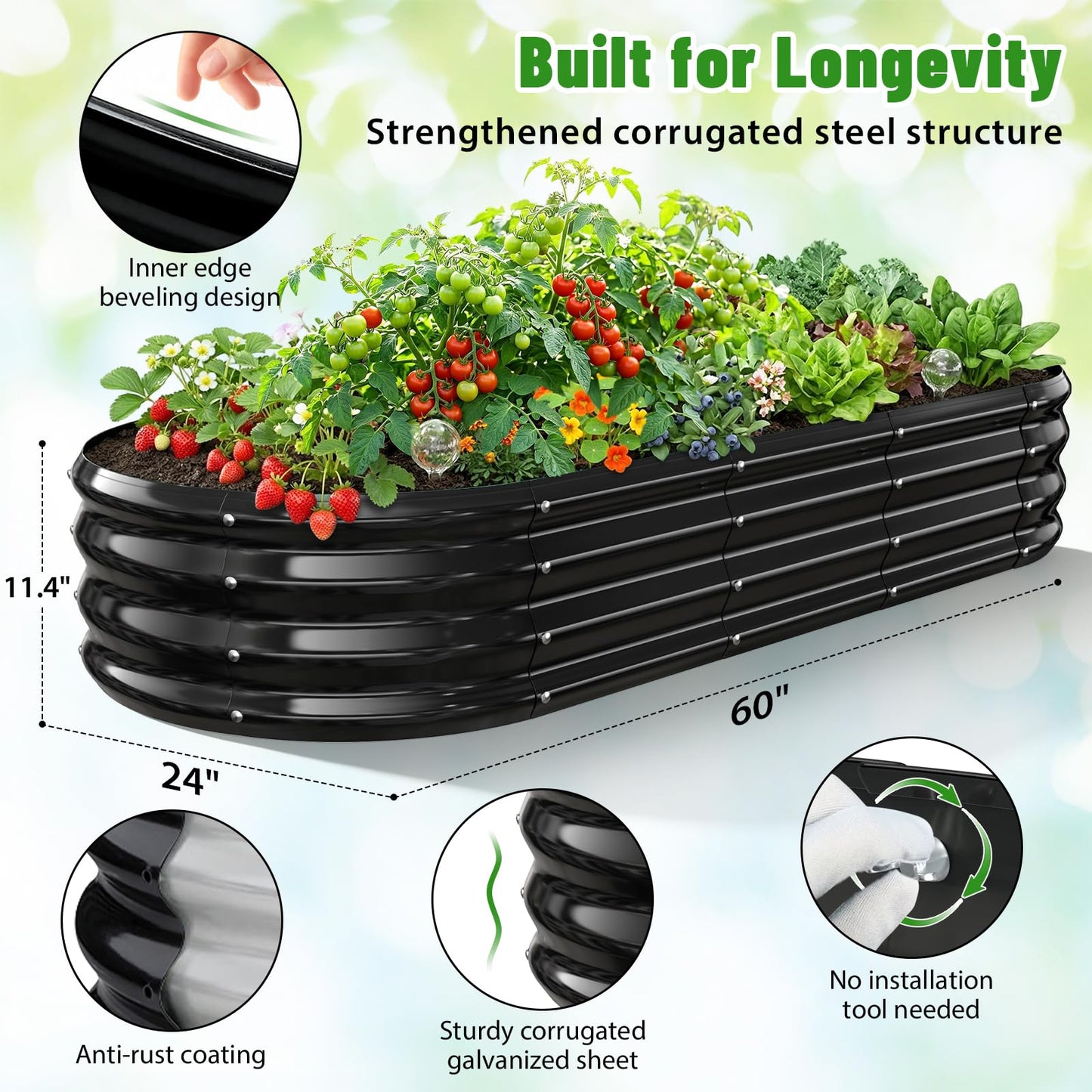 VAMFUTRE Oval Raised Garden Bed, 5 x 2 x 1FT, Galvanized Steel Planter Box with Wave-Shaped Metal Panels Painted for Outdoor Flower,Tree,Herb & Vegetable Garden (Black, 60X24X12 inches)