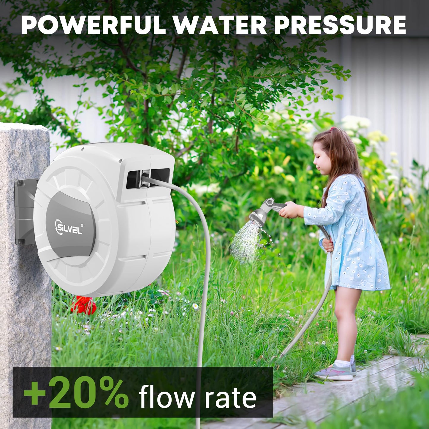 Retractable Garden Hose Reel, 1/2" x 100ft Wall Mount Heavy Duty Automatic Hose Reel with 10 Pattern Nozzle, Any Length Lock & Slow Return System, 180°Swivel Bracket Upgraded UV Resistant,Light Grey