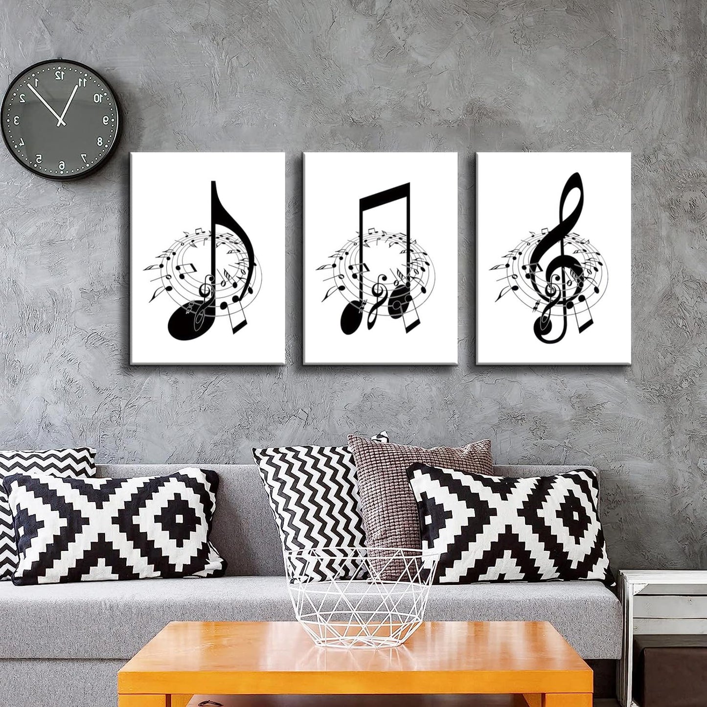 3Pcs Framed Music Notes Wall Art Black and White Music Art Pictures Prints Music Canvas Decor Musical Notes wall decor Stylish Music Room Classroom Posters(12x16in x3 Pcs Framed)