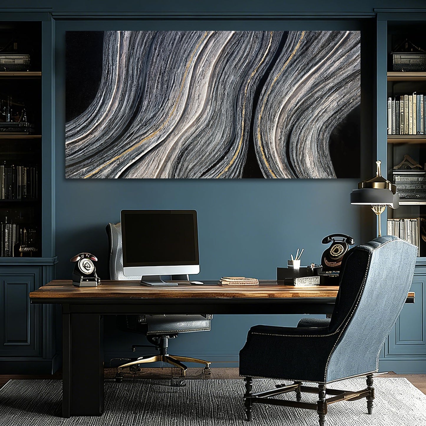 ZUNARE Modern Abstract Canvas Wall Art with Blue Gray and gold Linear Design, Minimal Tonal Artwork Creating a Peaceful Atmosphere for Bedroom Living Room Office Kitchen 24"x48"