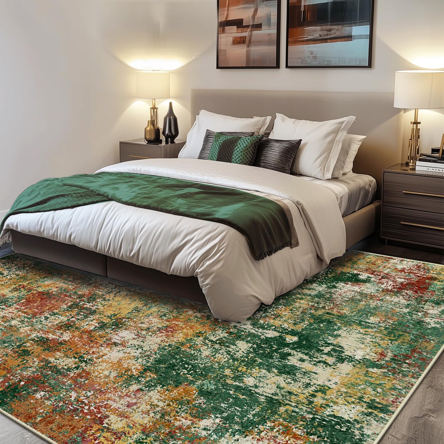 RELEANY Washable Area Rugs 5'x7' Non-Slip Modern Abstract Soft for Living Room Entryway Bedroom Nursery, Print Pattern, Green Orange Rust Red Cream Colorful