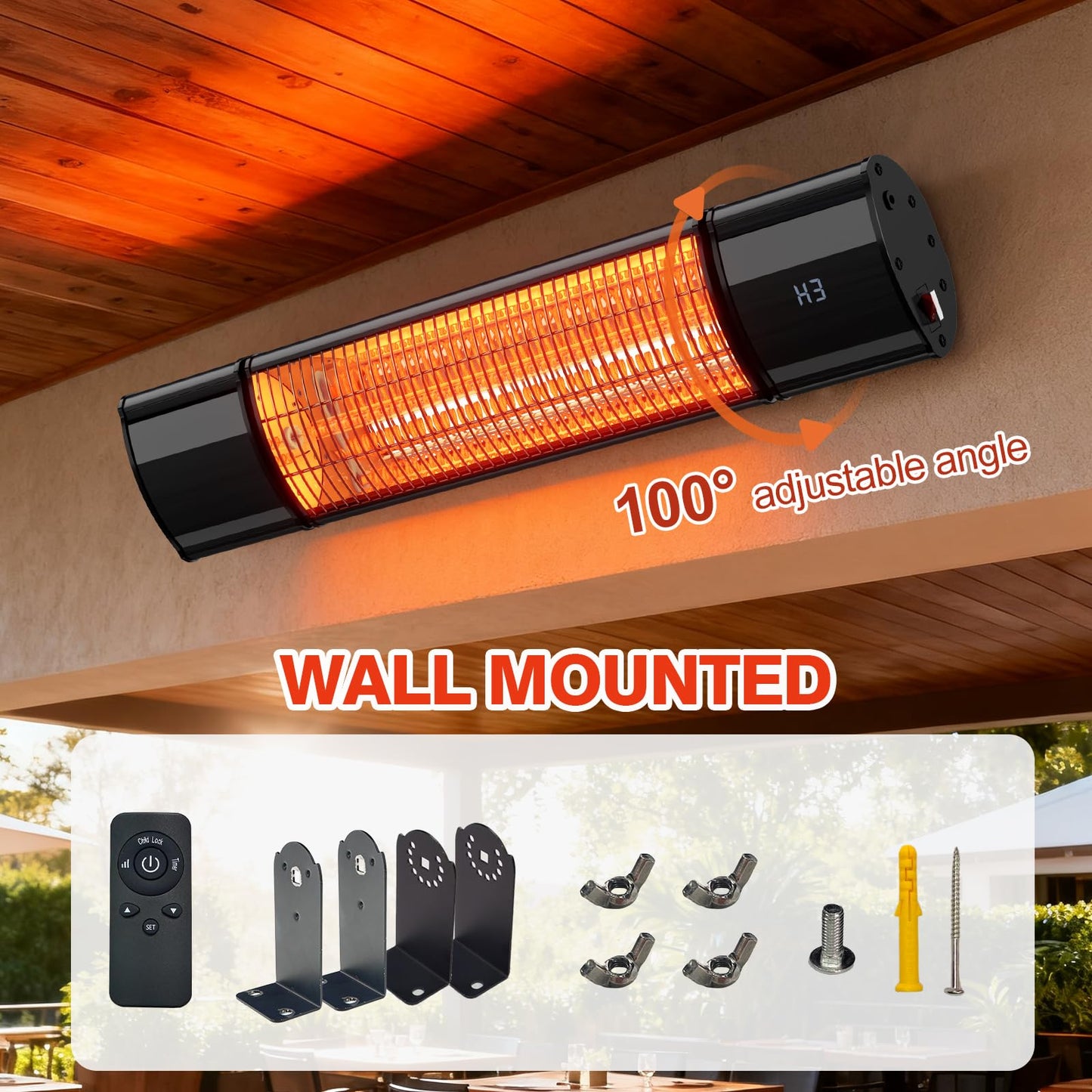 Electric Hanging Patio Heater with remote control, built in Temperature Control, Wall mounted or ceiling mounted, Suit for Outdoor, 1500W, Black