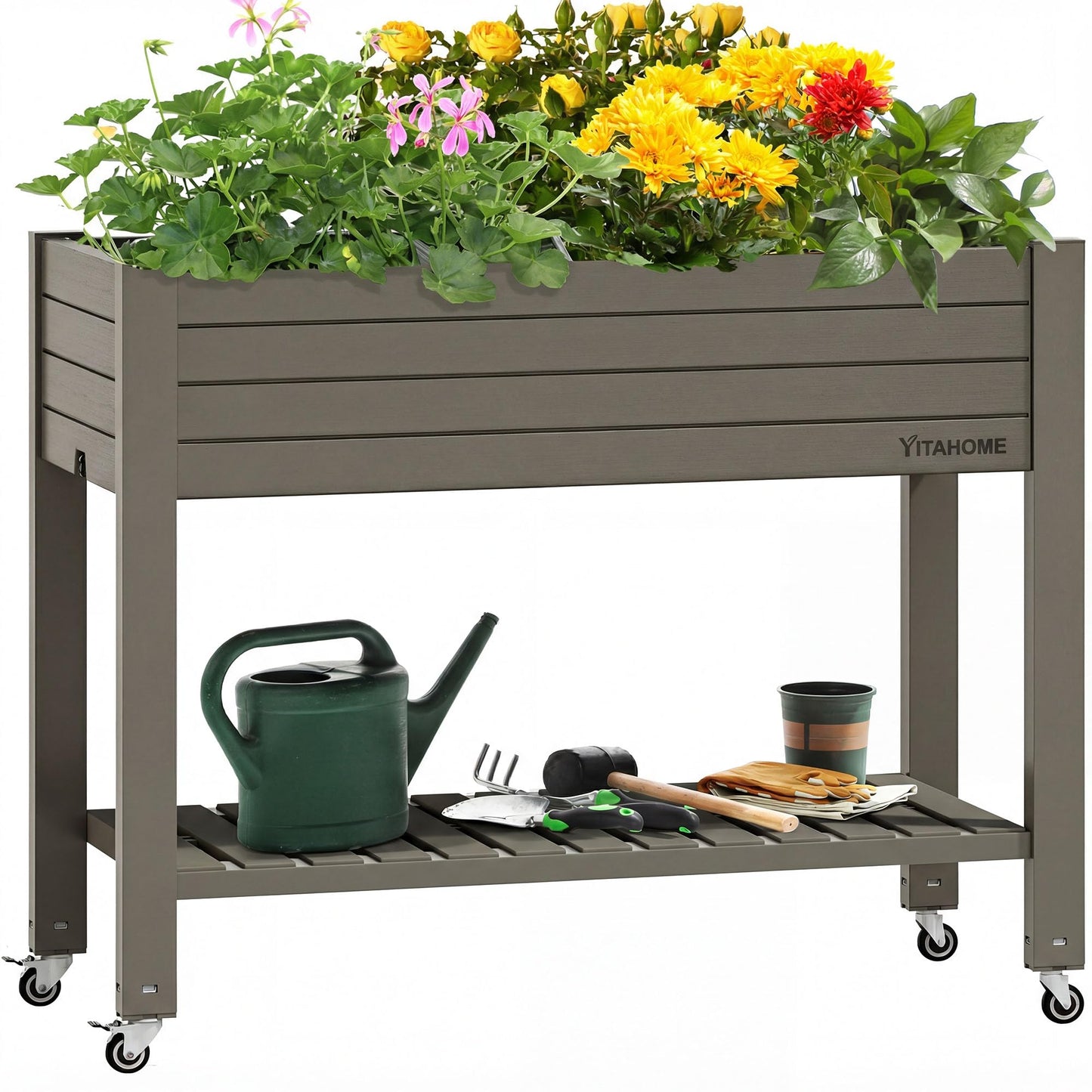 YITAHOME 43.3x17.7x34 in Elevated Garden Bed, Outdoor Plastic Planter Box with Wheels, Legs, Drain Plug, and Storage Shelf for Plants, Vegetables, Flowers, Herbs, Light Brown