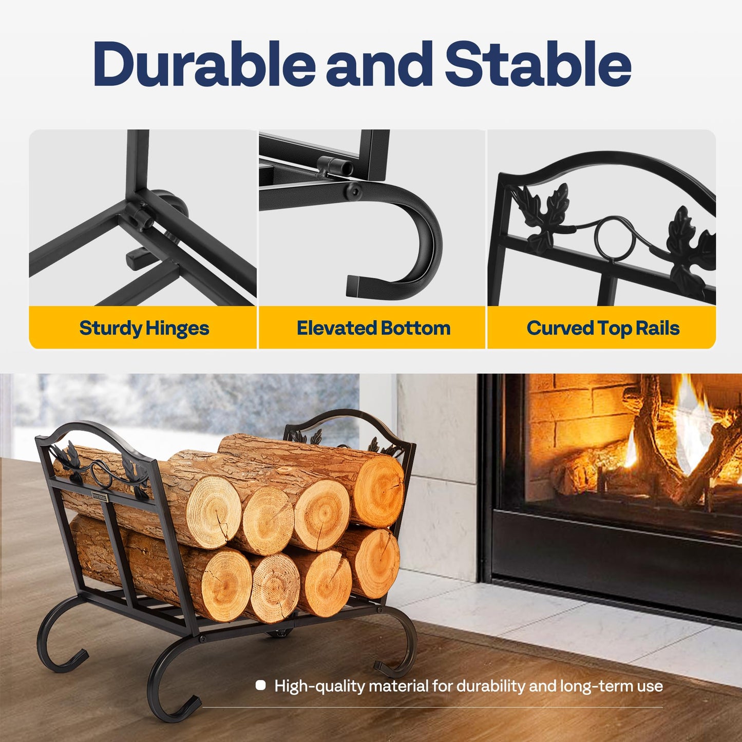 VIVOHOME 21.5 Inches Folding Firewood Storage Log Rack with Decorative Leaf Pattern and Detachable Arched Feet Wrought Iron Wood Holder Stacker Black