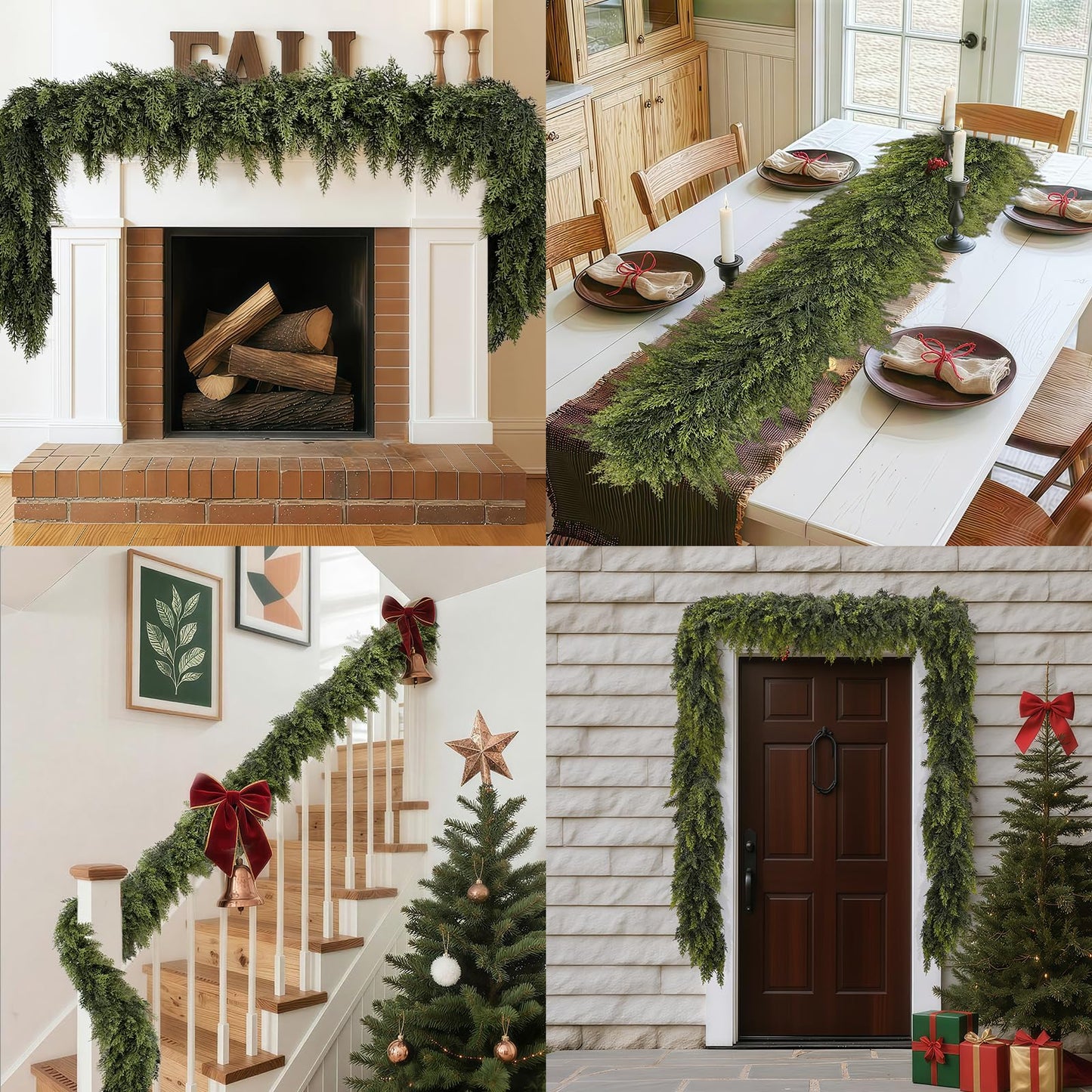 2 Pcs Christmas Garland, Christmas Decorations, 6FT Real Touch Cedar Garland, Artificial Cypress Garlands for Mantle Fireplace Door Table Wall Upstairs Indoor Outdoor Holiday Xmas Decor