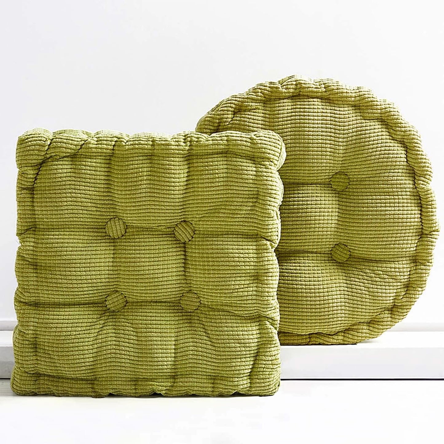 Gfobip 2 Pack Large Square and Round Floor Cushions for Adults Meditation Floor Pillow Green Corduroy Floor Seat Pillows Cushion for Living Room Balcony Tatami Yoga,18x18 Inch