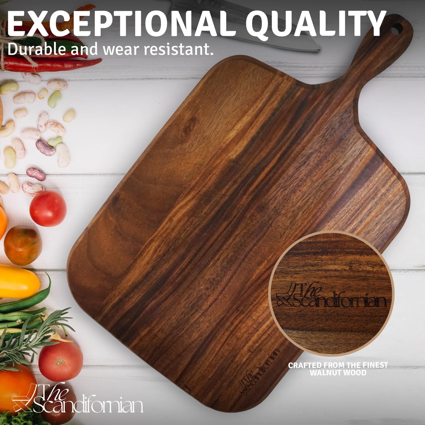 The Scandifornian Walnut Wood Cutting Board | Jumbo Extra Large Size 26" x 16", Paddle Shape with Handle | Premium Elegant Handcrafted | Perfect for Entertaining