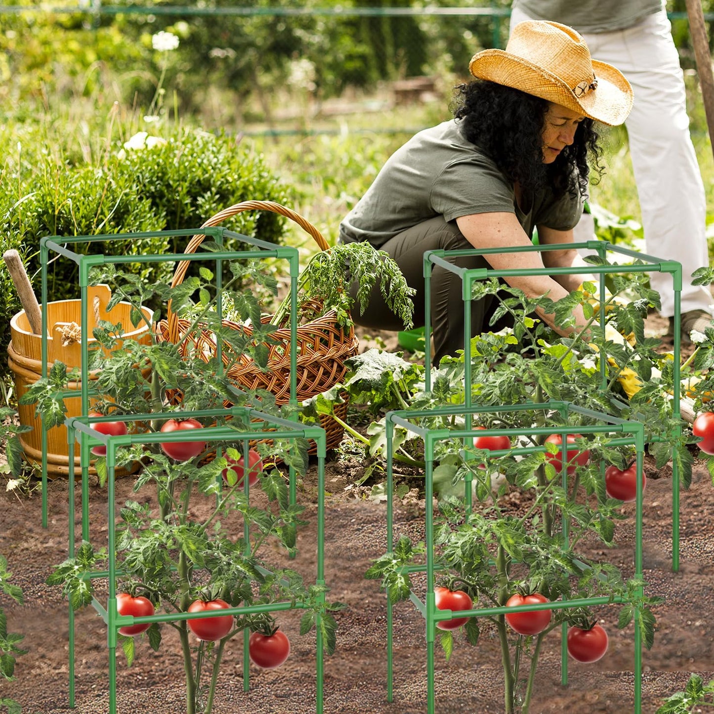 ZeeDix 2 Pack Heavy Duty Tomato Cages for Garden 60 Inches, Square Adjustable Tomato Trellis Cage Climbing Plant Support Trellis Plant Cages for Climbing Vegetables Flowers with 20Pcs Clips