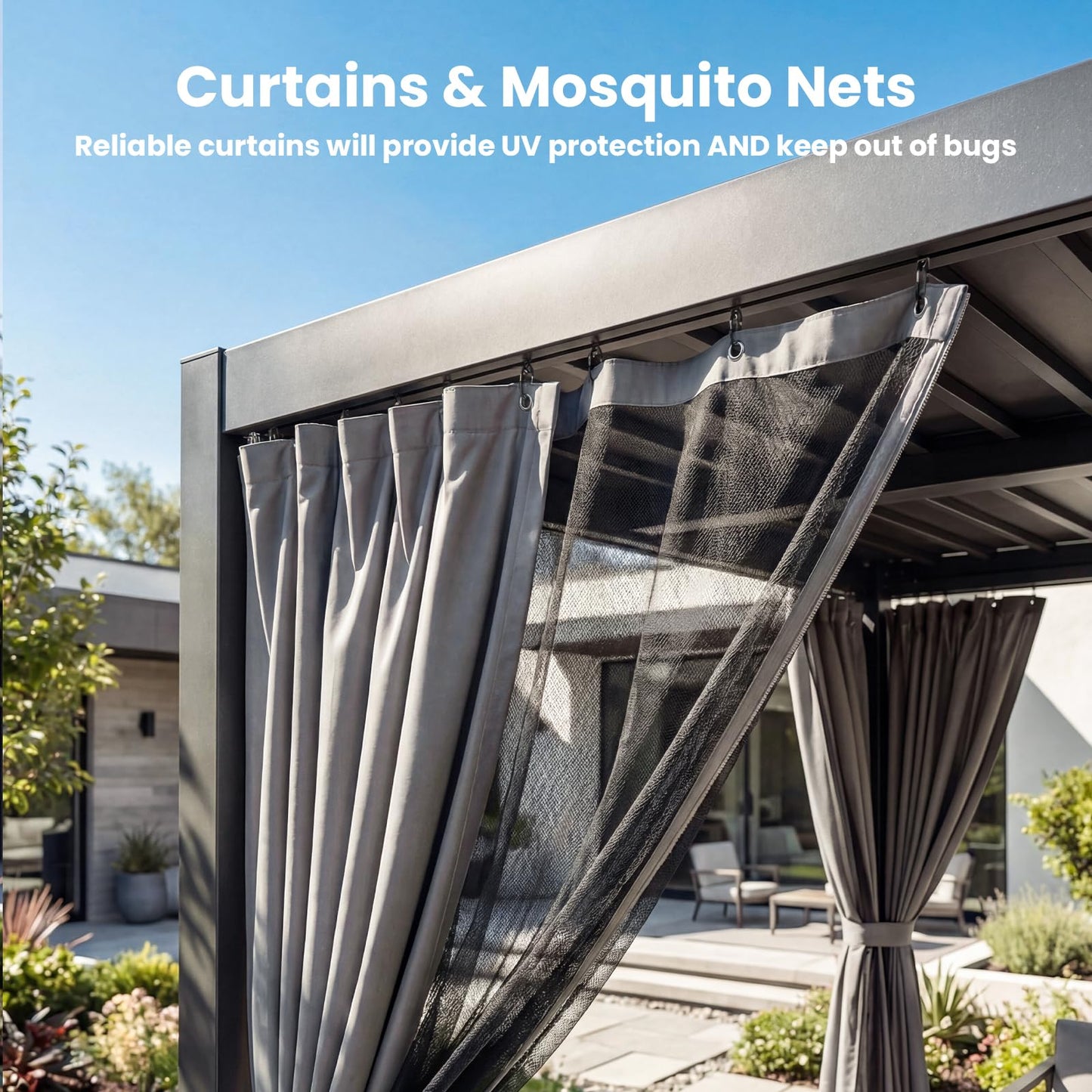 SUNBURY 10x12ft Outdoor Pergola with Curtains & Mosquito Netting, Aluminum Gazebo with TV Stand Base, Modern Patio Shade Structure for Backyard, Deck, Garden, Black