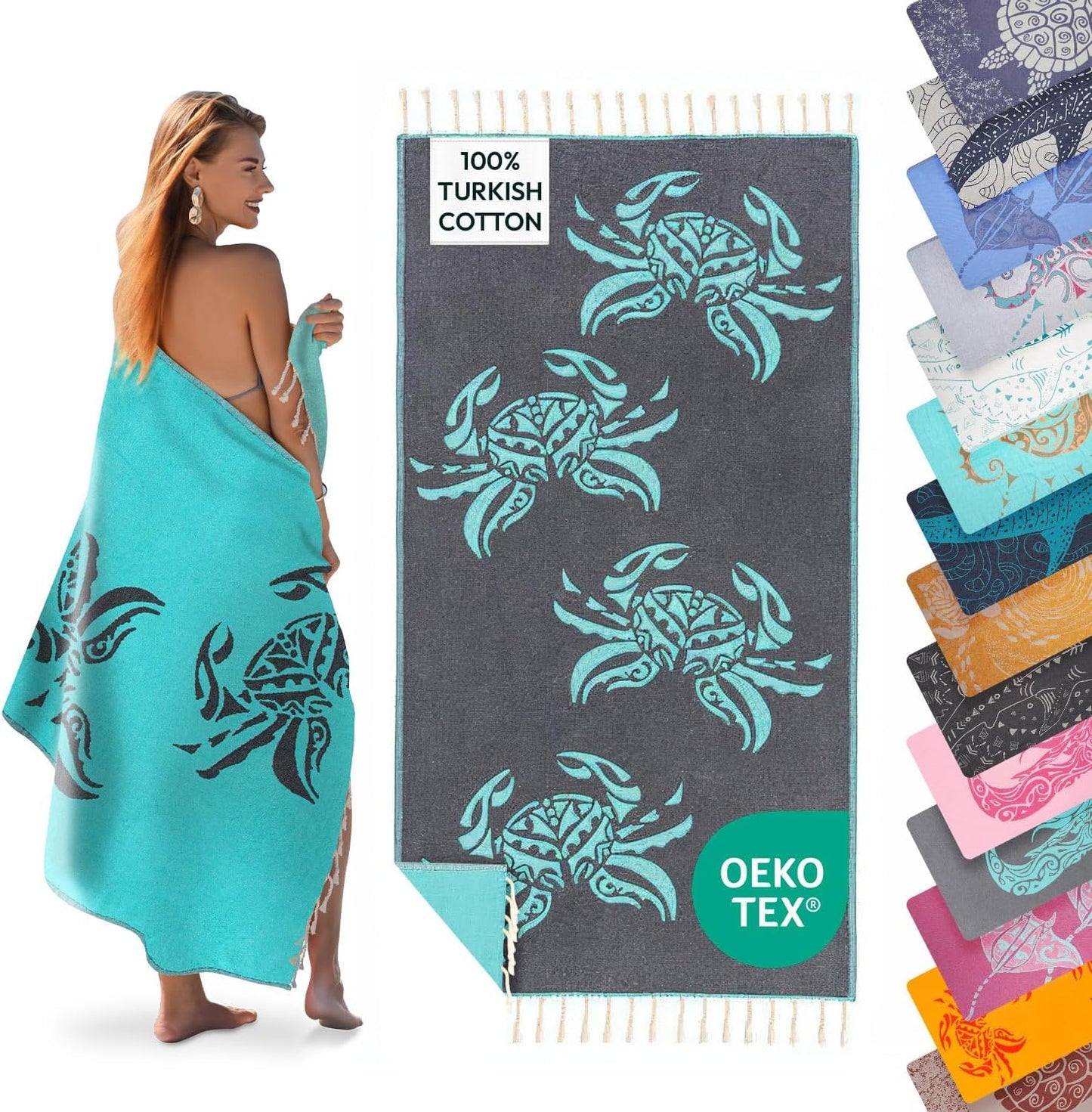 Sun Drunk Turkish Beach Towel XL Crabs Bleu Verts - Cotton Turkish Towels for Beach, Pool Towel, Quick Dry Sand Free, Thin Towels Oversized for Travel Soft Sandproof & Lightweight
