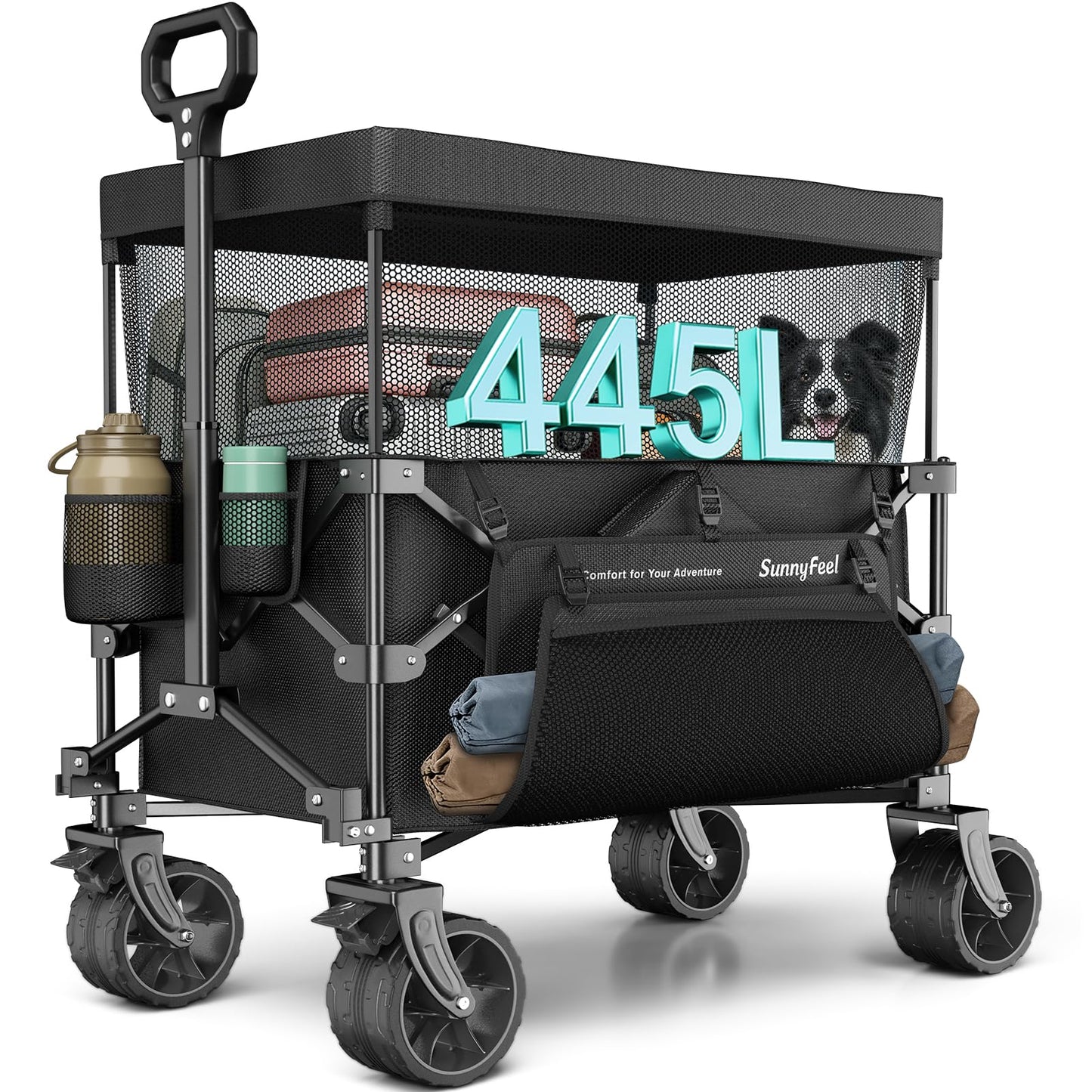SUNNYFEEL 445L Extra Large Folding Wagon Cart with Canopy, 440 LBS Heavy Duty Collapsible Utility Cart with All-Terrain Wheels, 3-in-1 Portable Wagon for Garden, Groceries, Camping, Beach, Shopping