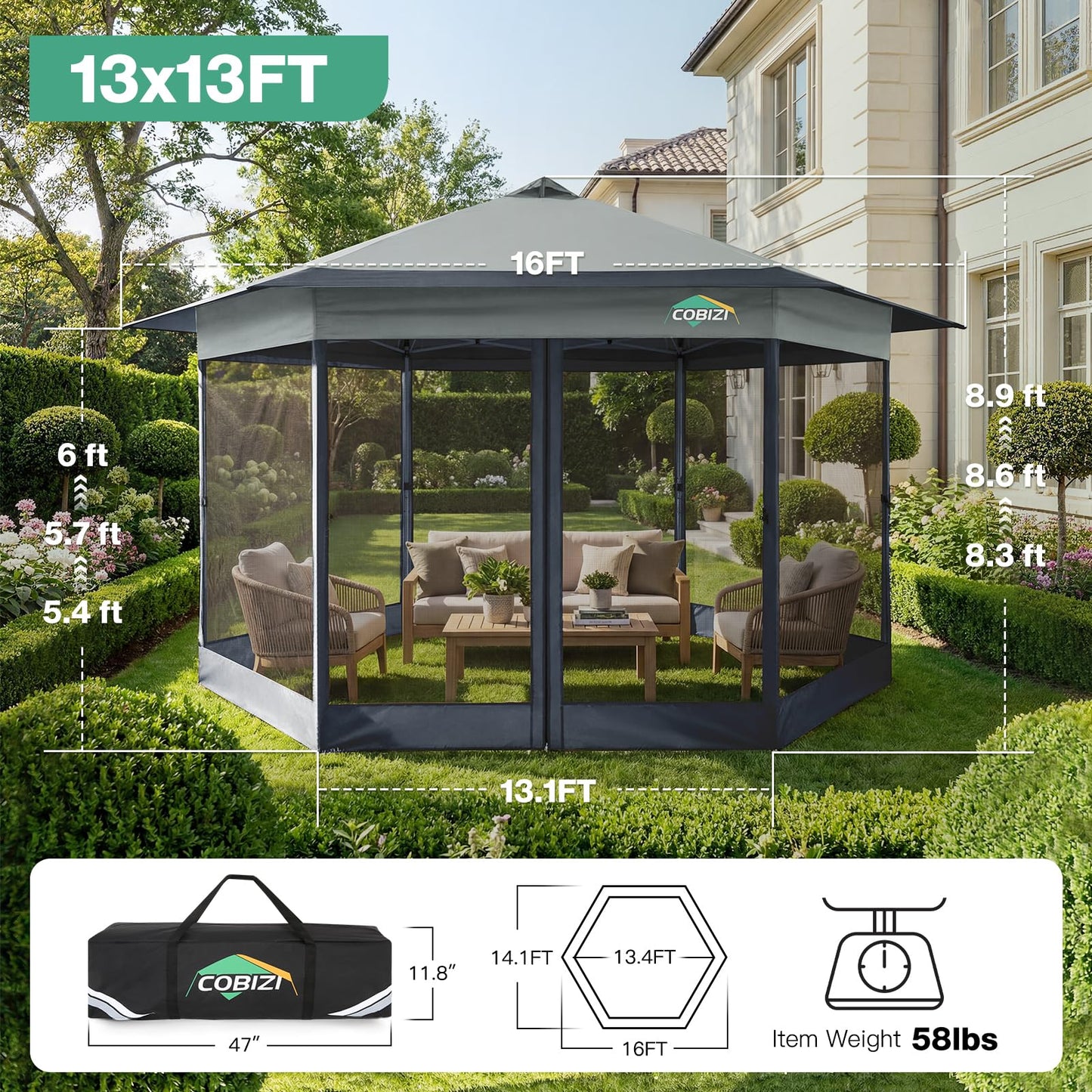 COBIZI 13x13 Pop up Gazebo, Hexagonal Outdoor Canopy Tent with Mosquito Netting, Portable 6-Sided Gazebo Tent, Waterproof, UV Resistant Height for Backyard, Gardens, Patio（Dark Gray）