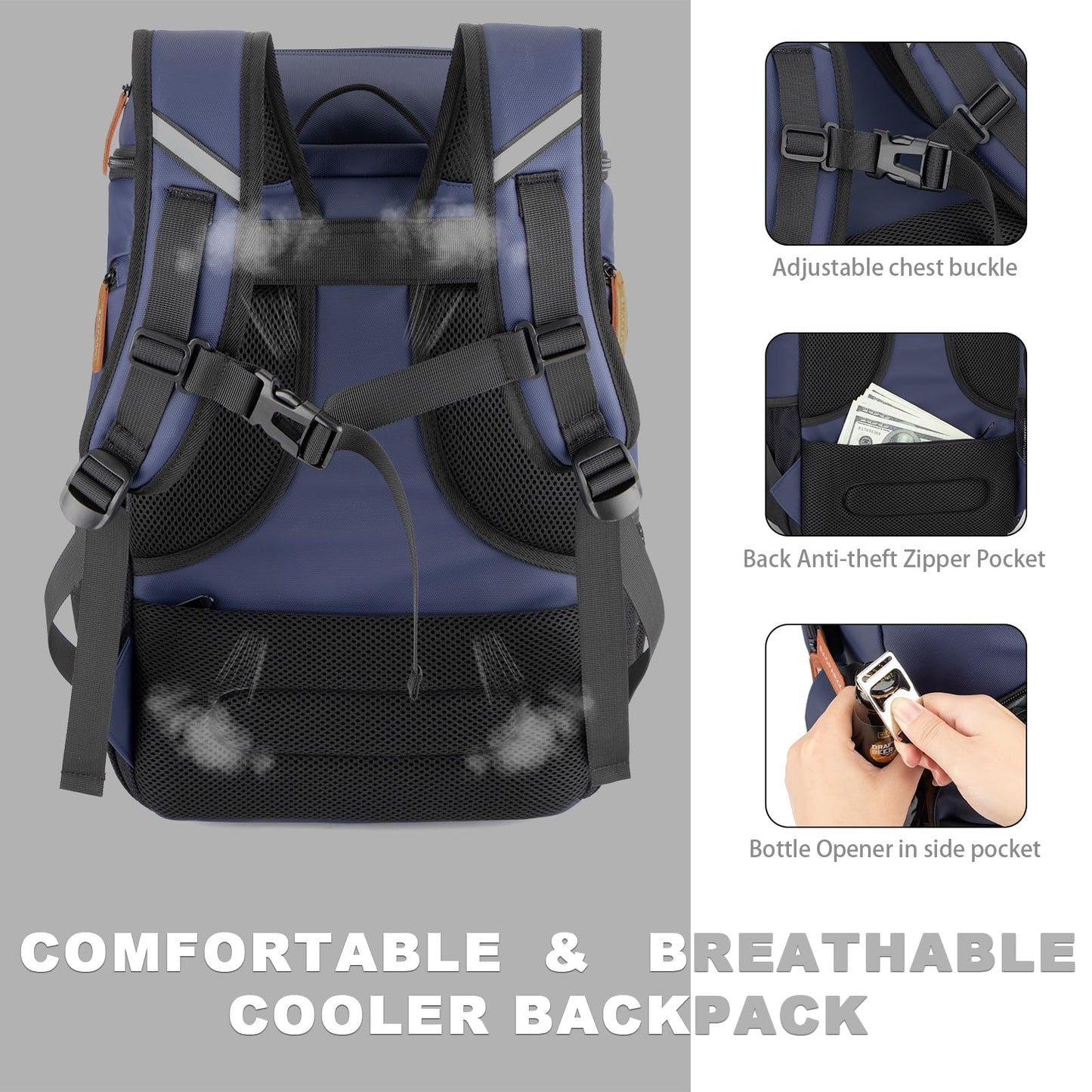 Insulated Cooler Backpack,45 Cans Multifunctional Double Deck Leakproof Cooler Bag with Sternum Strap,Large Capacity Lightweight Travel Camping Beach Backpack Cooler Ice Chest for Men Women